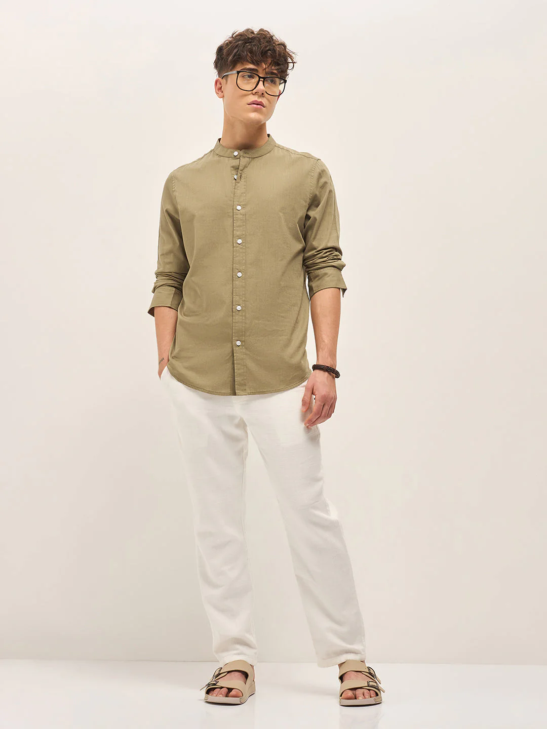 Men Beige Mandarin Collar Slim Fit Casual Shirt - Image 4