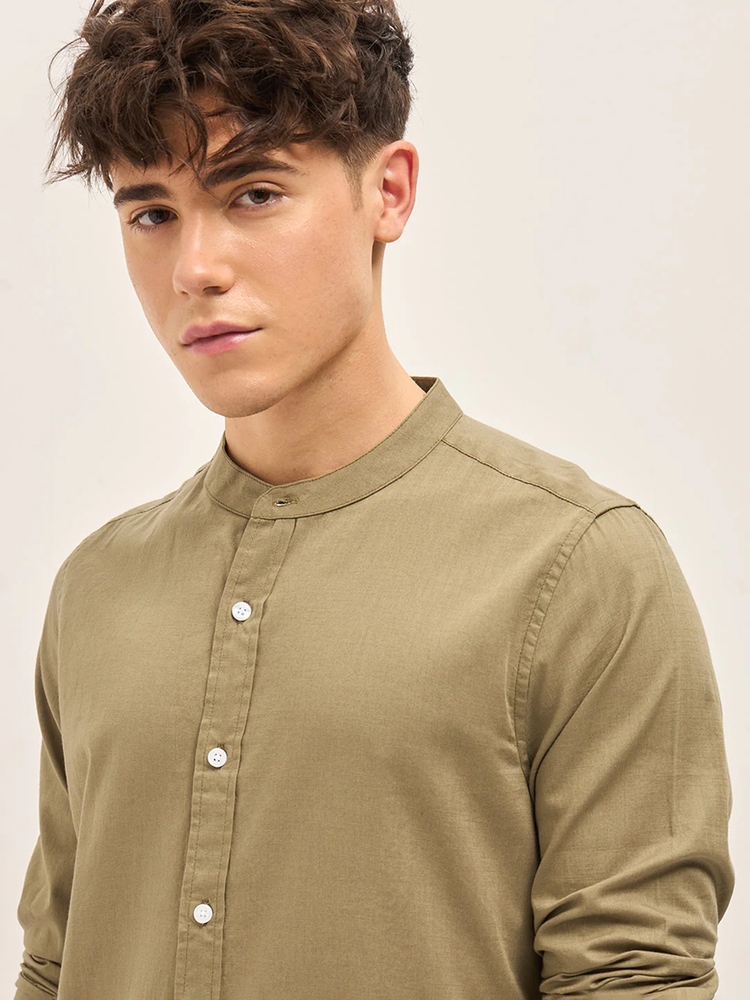 Men Beige Mandarin Collar Slim Fit Casual Shirt - Image 5