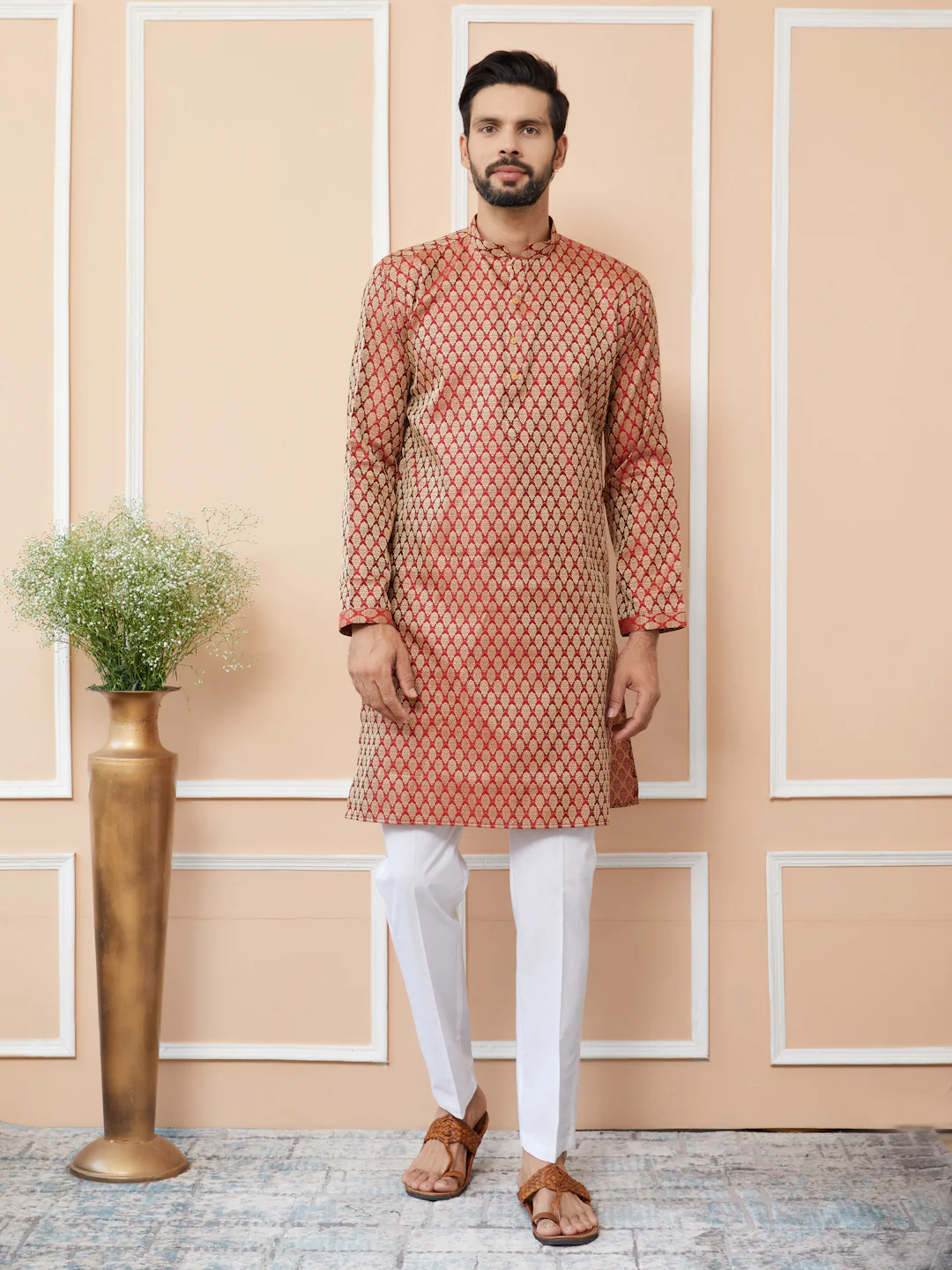Men Beige-Maroon Ethnic Motifs Silk Jacquard Woven Design Straight Kurta - Image 2