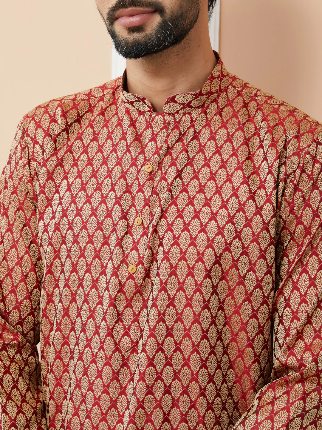 Men Beige-Maroon Ethnic Motifs Silk Jacquard Woven Design Straight Kurta - Image 3