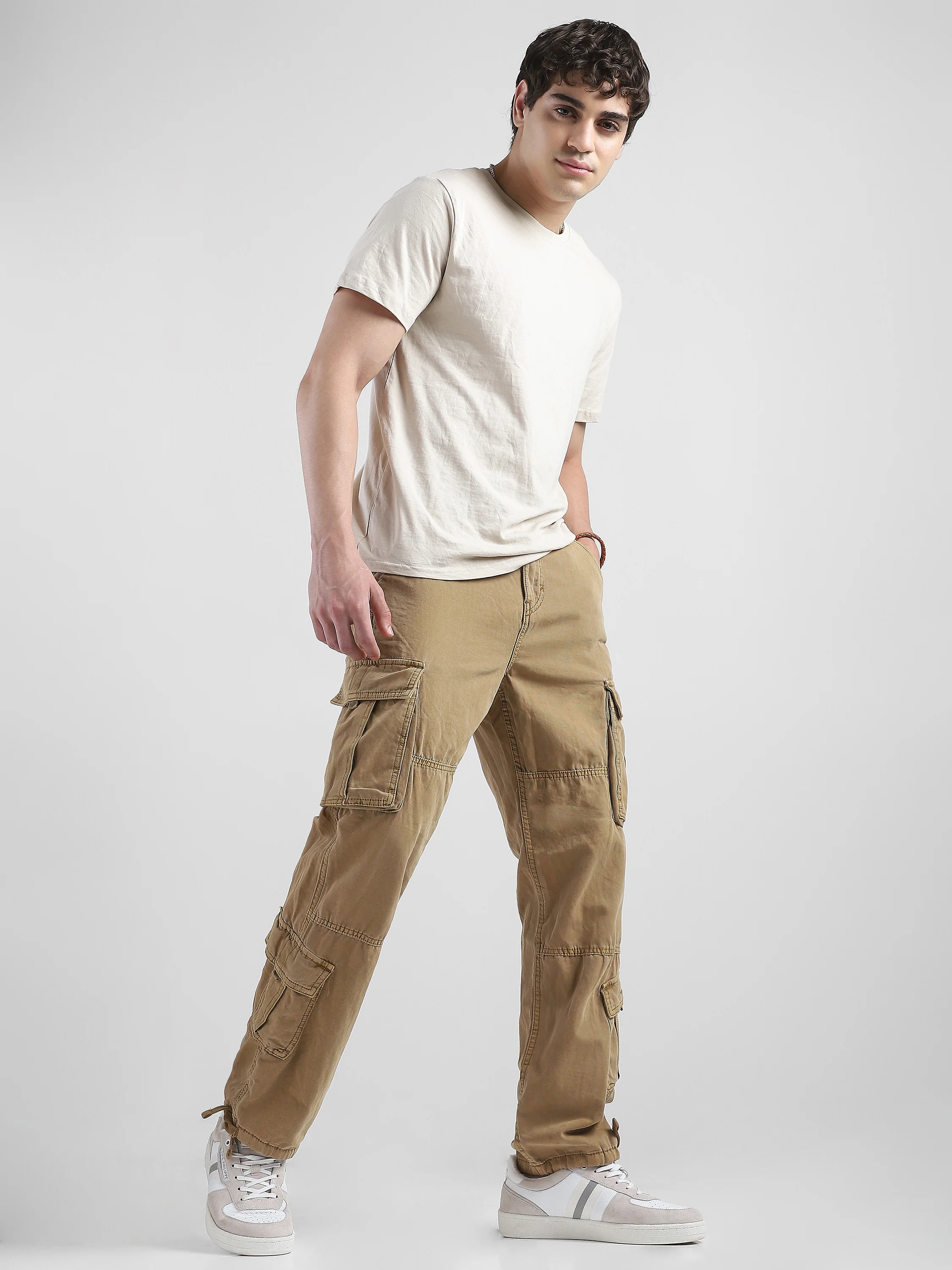 Men Beige Cotton Blend Cargo Pants with 8 Pockets - Image 2