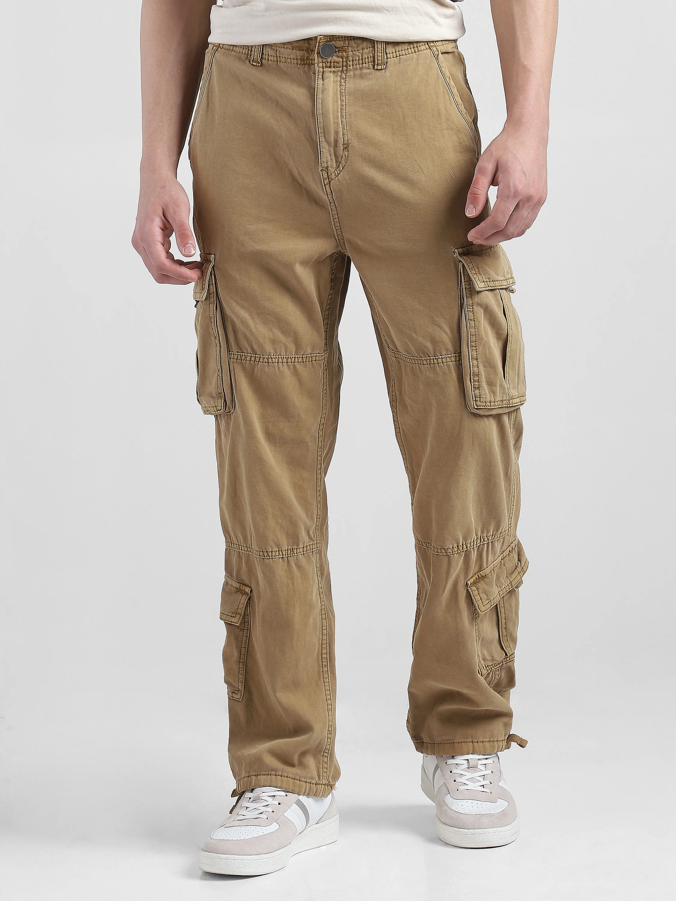 Men Beige Cotton Blend Cargo Pants with 8 Pockets - Image 3