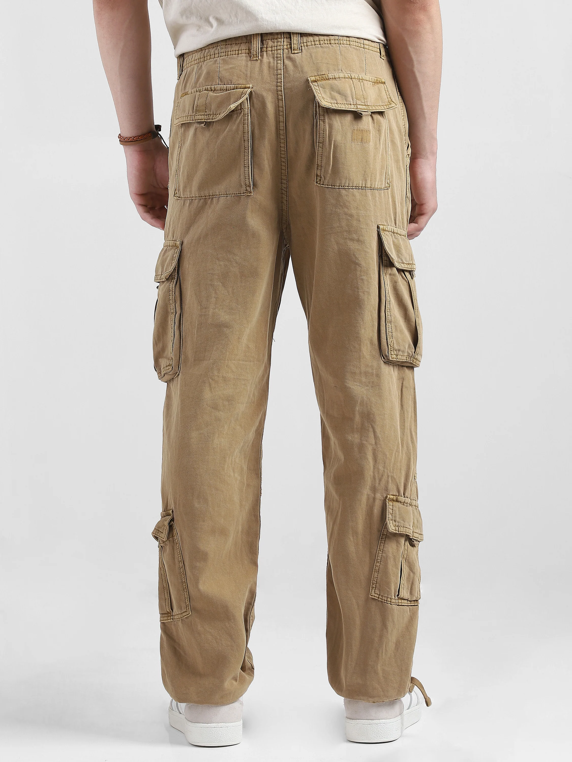 Men Beige Cotton Blend Cargo Pants with 8 Pockets - Image 4