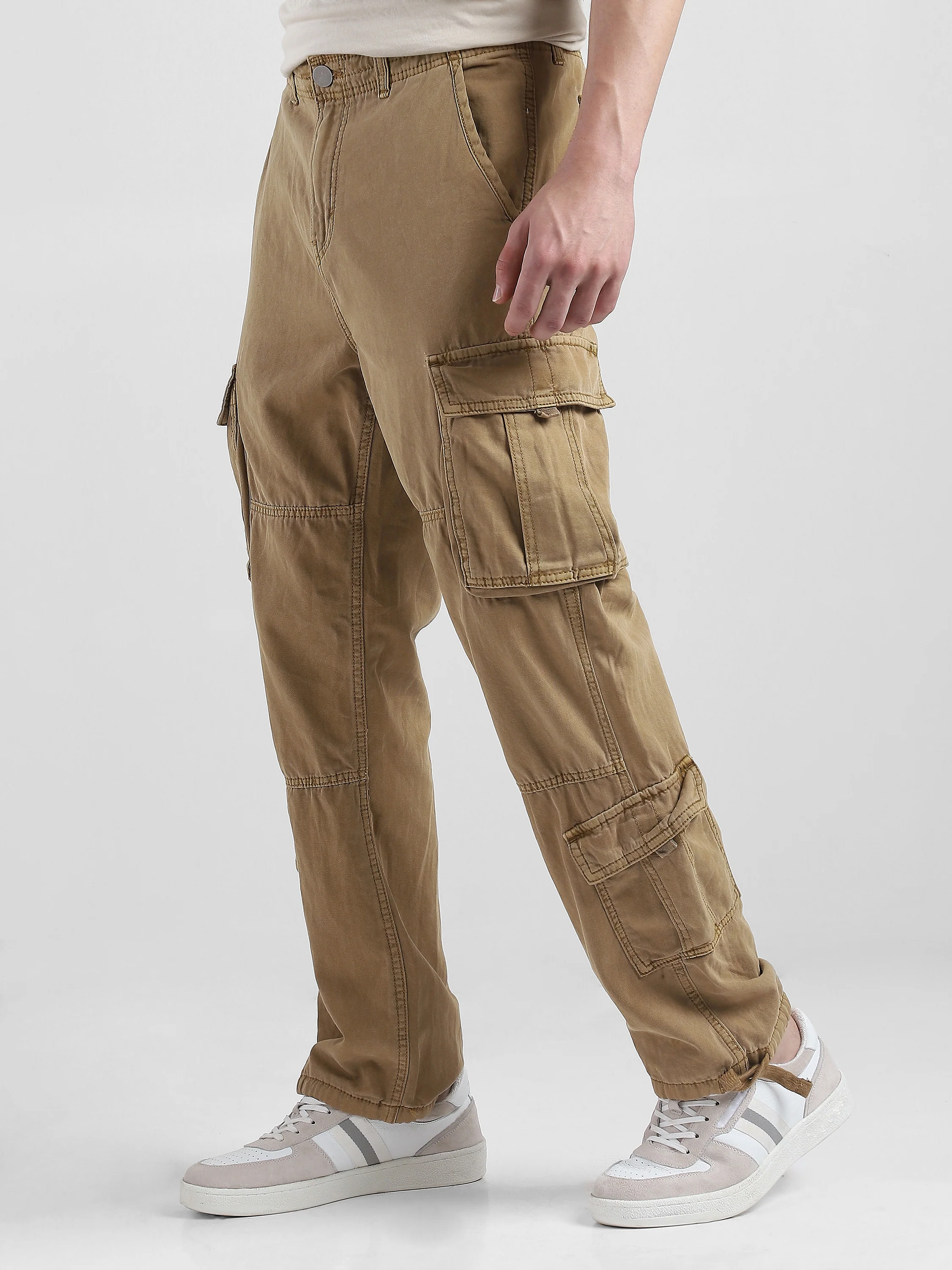Men Beige Cotton Blend Cargo Pants with 8 Pockets - Image 5