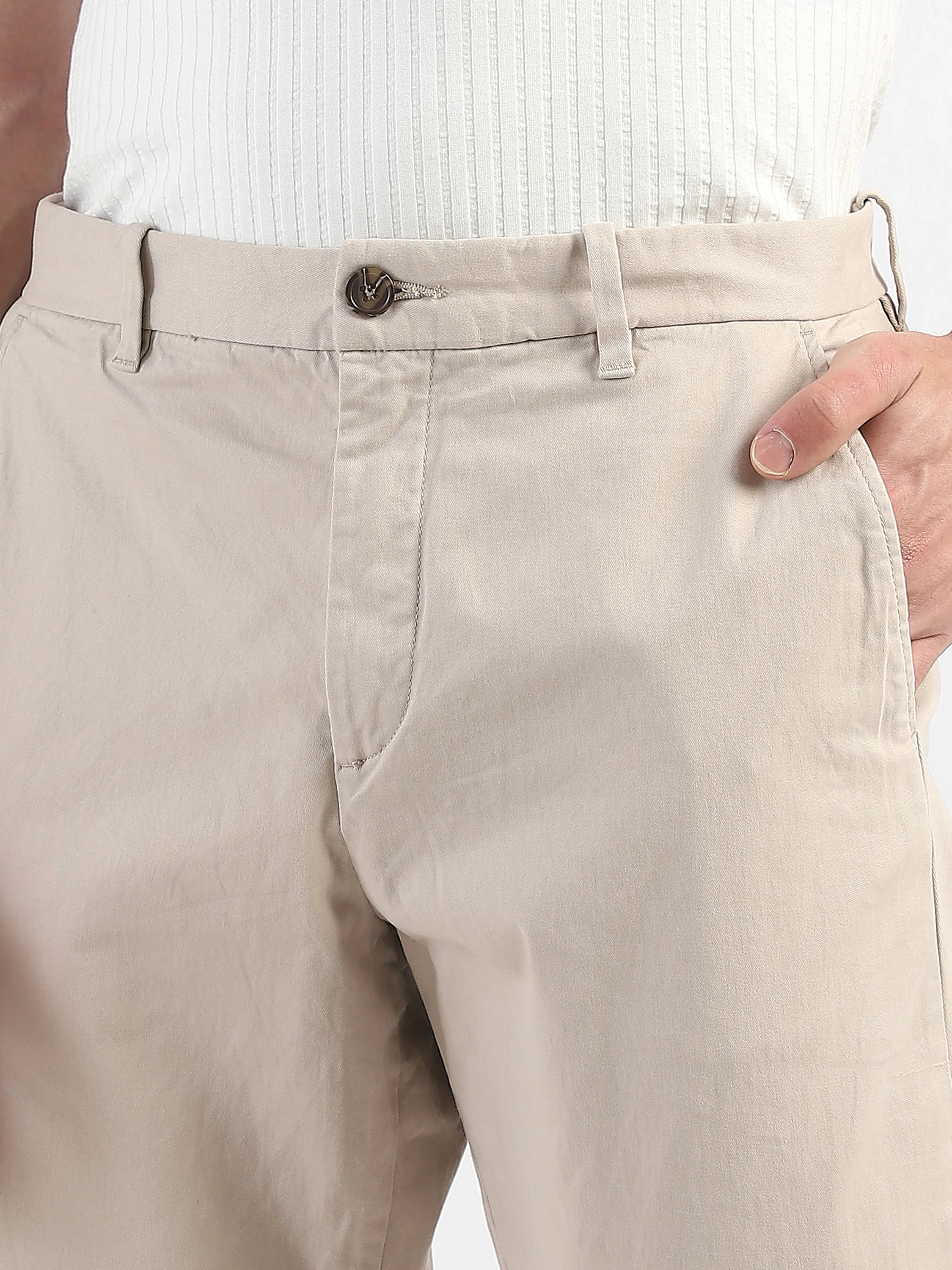 Men Beige Mid Rise Formal Trousers - Image 7