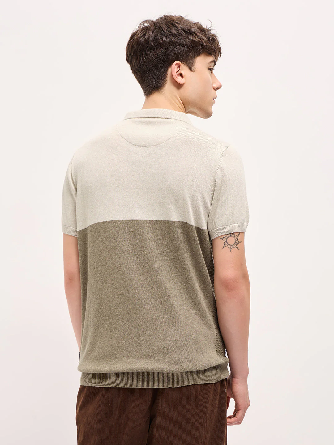 Men Beige & Olive Green Textured Knit Regular Fit Polo T-shirt - Image 2
