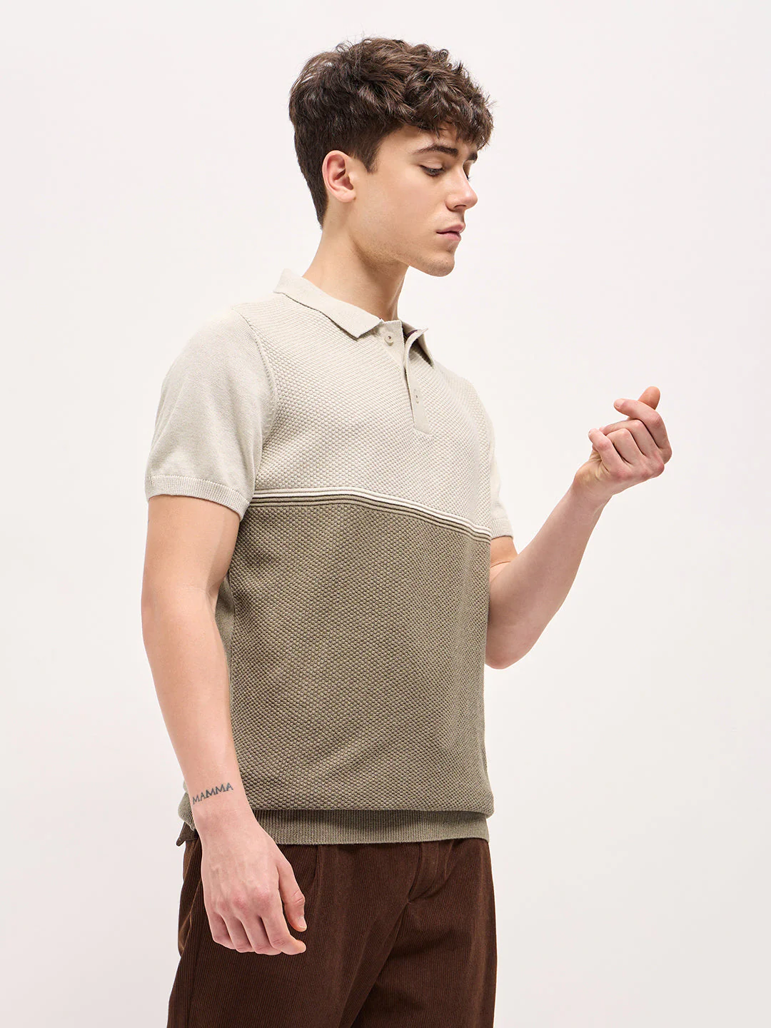 Men Beige & Olive Green Textured Knit Regular Fit Polo T-shirt - Image 3