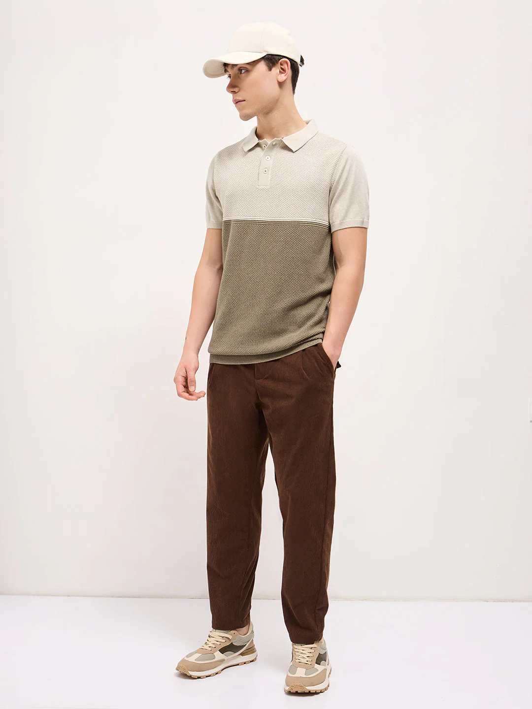 Men Beige & Olive Green Textured Knit Regular Fit Polo T-shirt - Image 4
