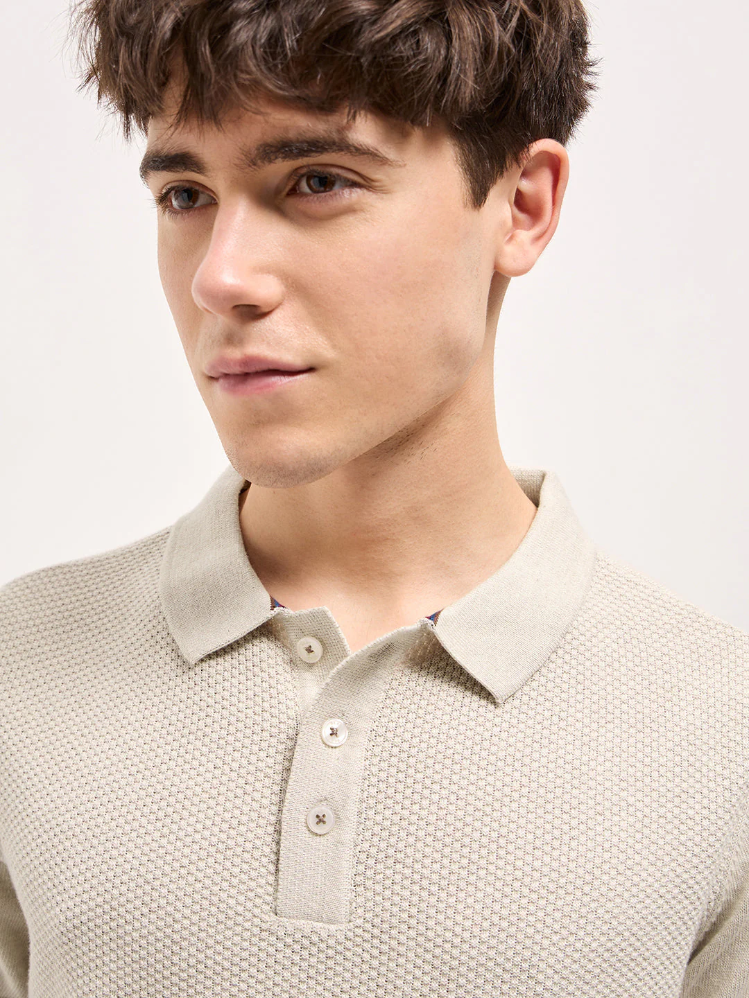 Men Beige & Olive Green Textured Knit Regular Fit Polo T-shirt - Image 5
