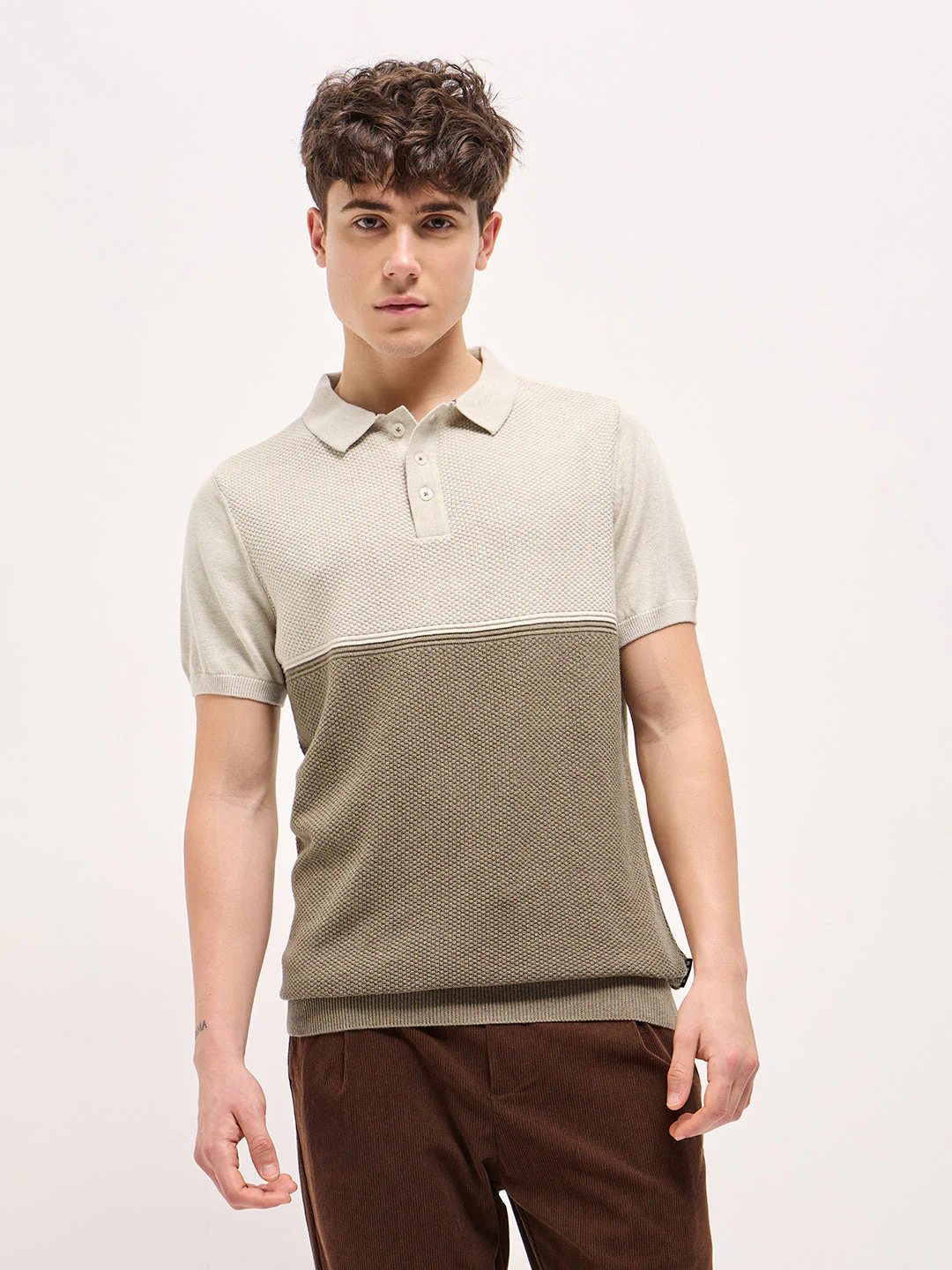 Men Beige & Olive Green Textured Knit Regular Fit Polo T-shirt - Image 6