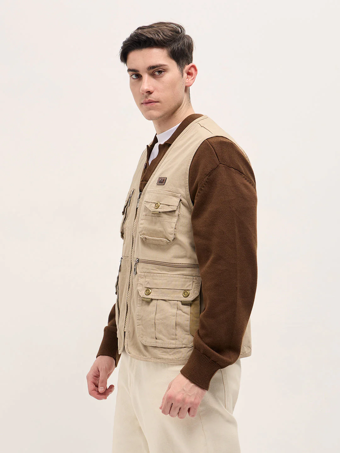 Men Beige Outdoor Utility Multi-Pocket Vest Jacket - Image 3