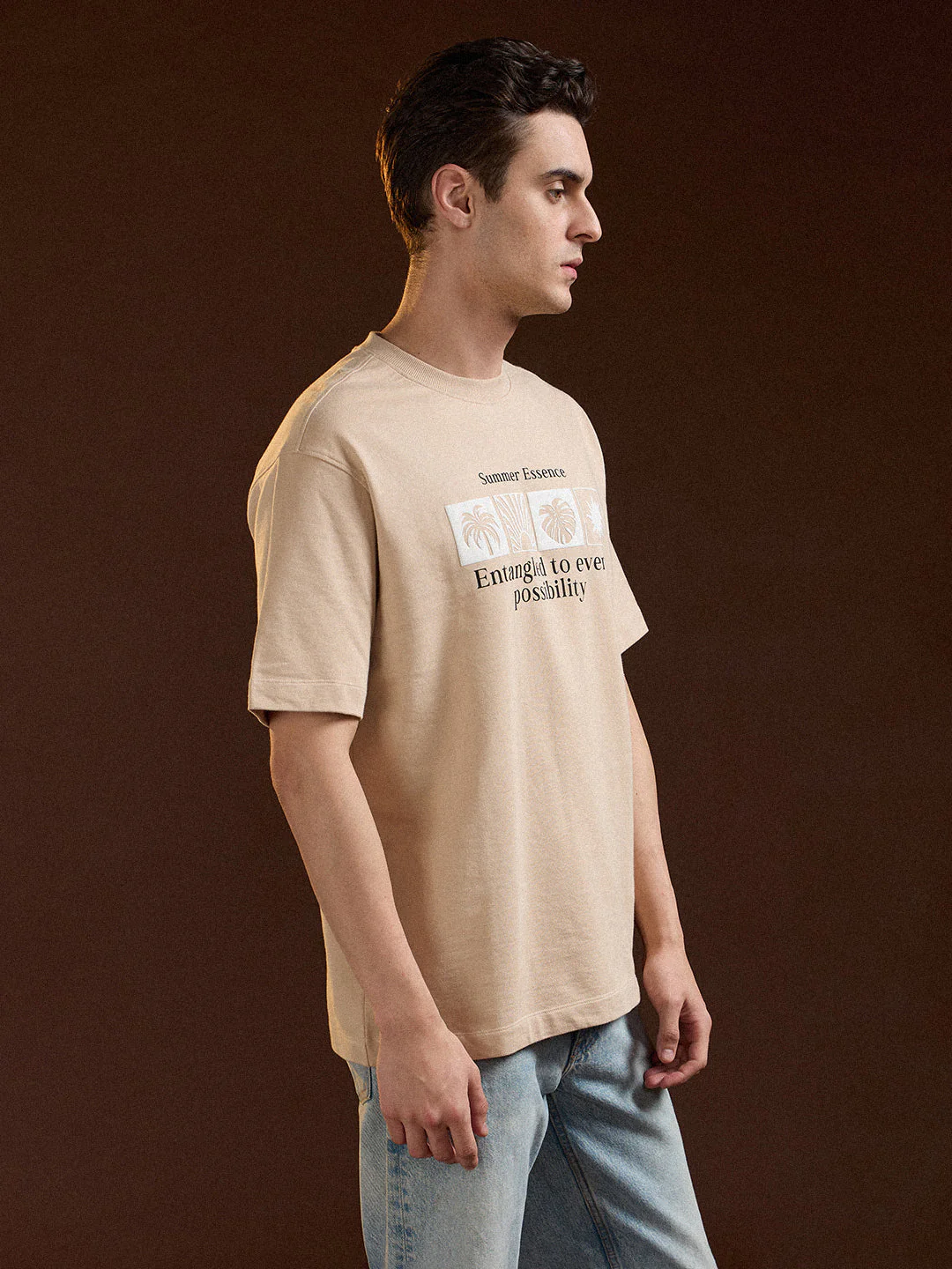 Men Beige Oversize Summer Essence Graphic Print Crew Neck T-shirt - Image 3