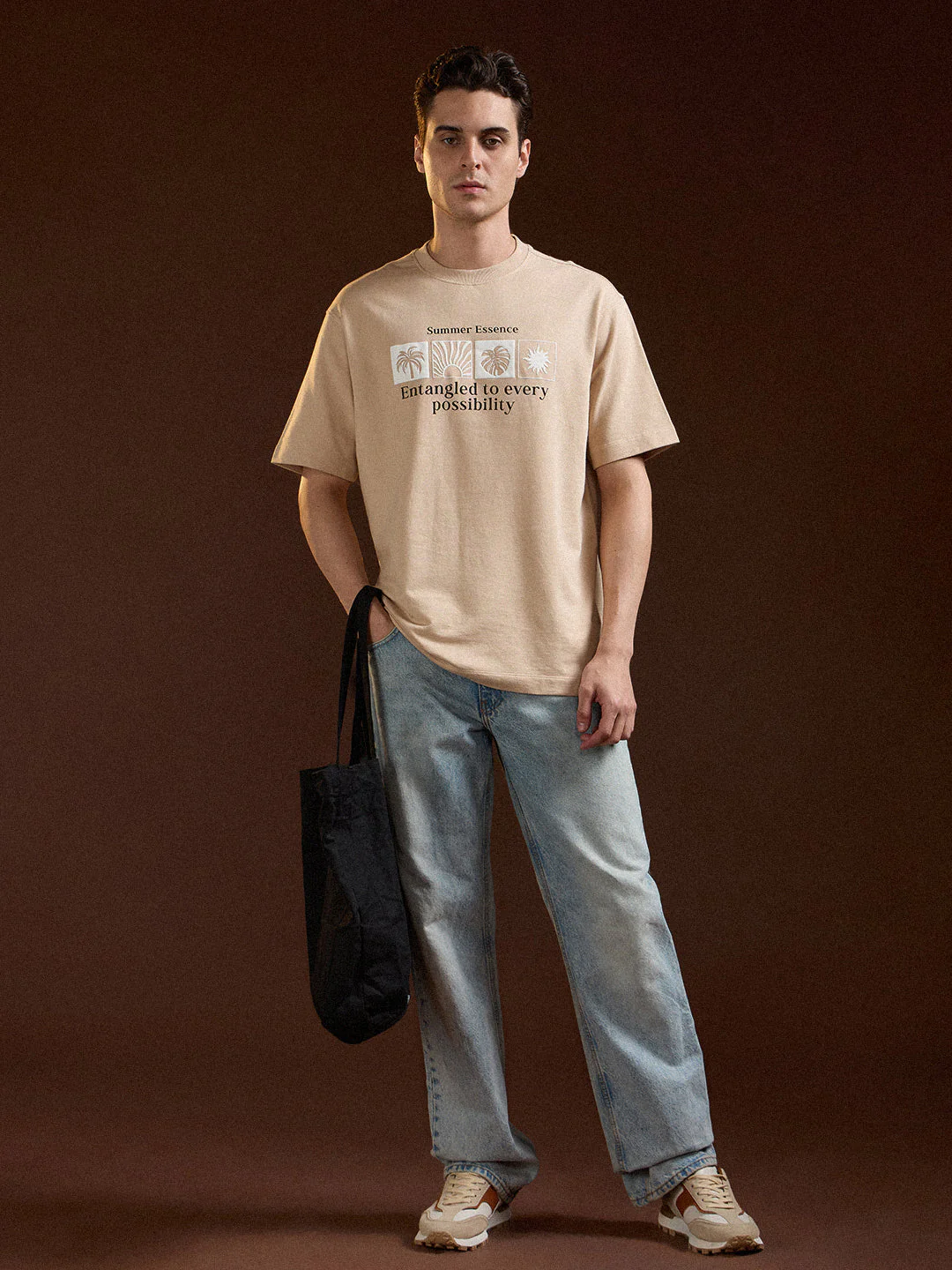Men Beige Oversize Summer Essence Graphic Print Crew Neck T-shirt - Image 4