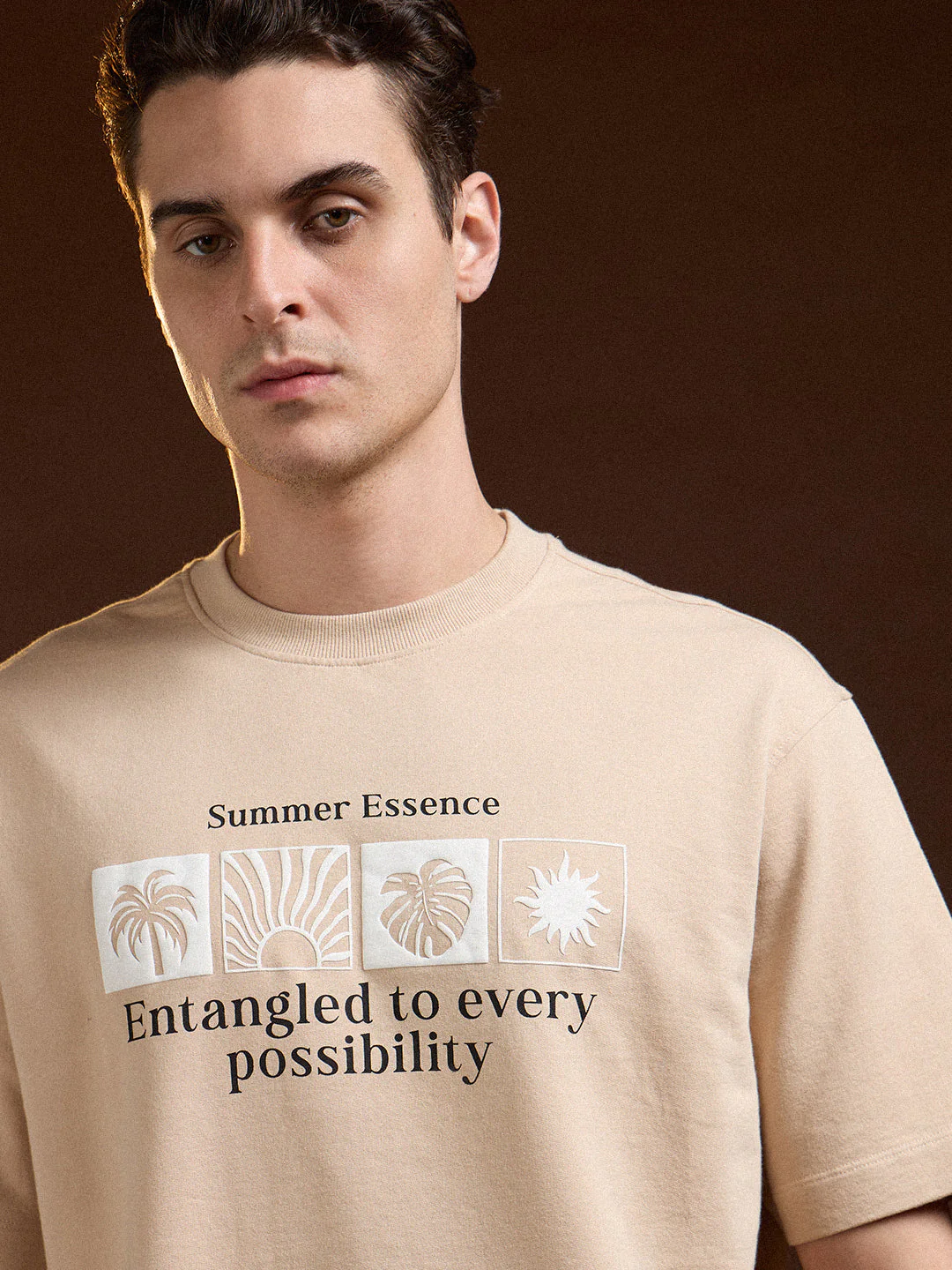 Men Beige Oversize Summer Essence Graphic Print Crew Neck T-shirt - Image 5