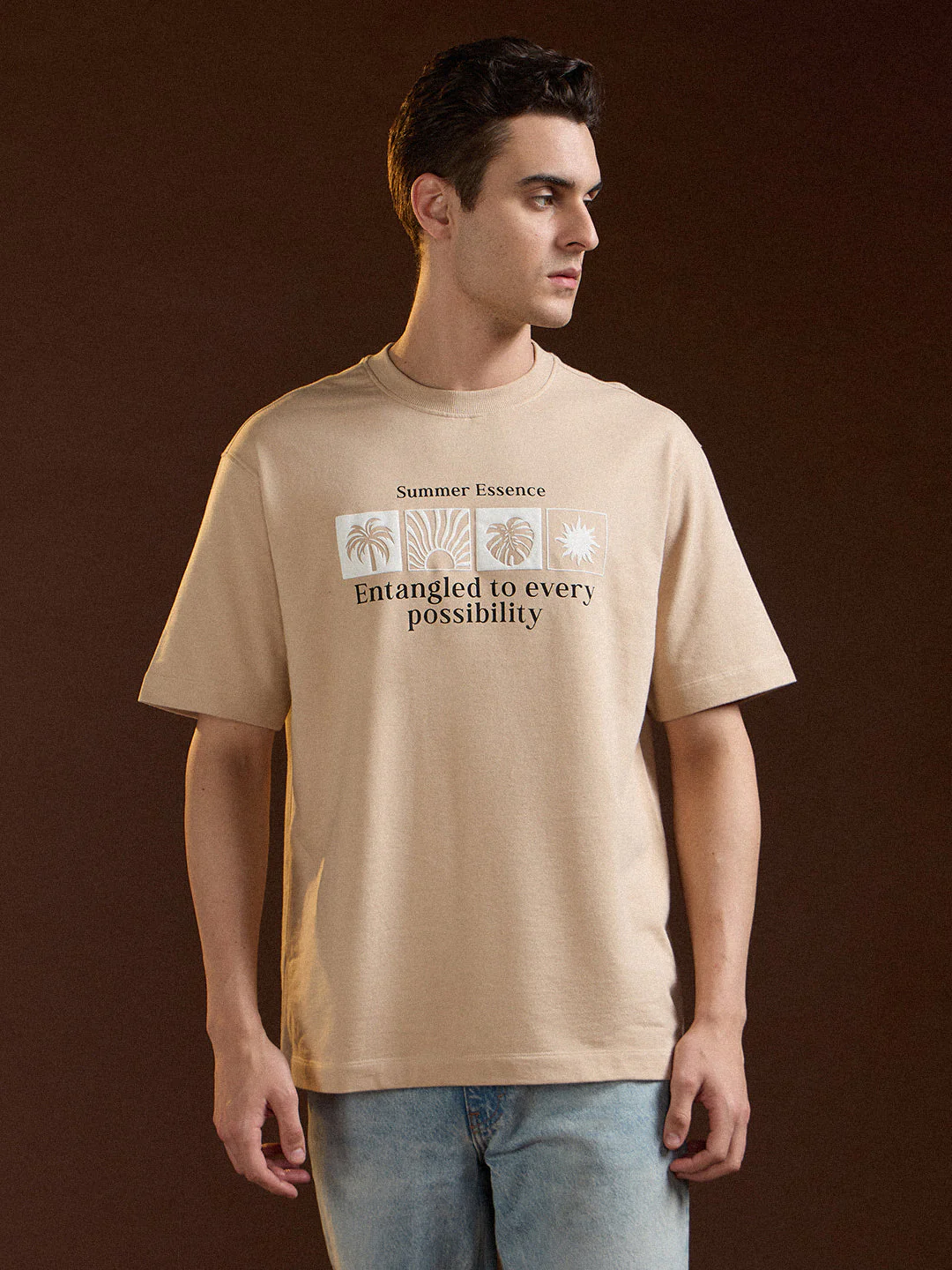 Men Beige Oversize Summer Essence Graphic Print Crew Neck T-shirt - Image 6