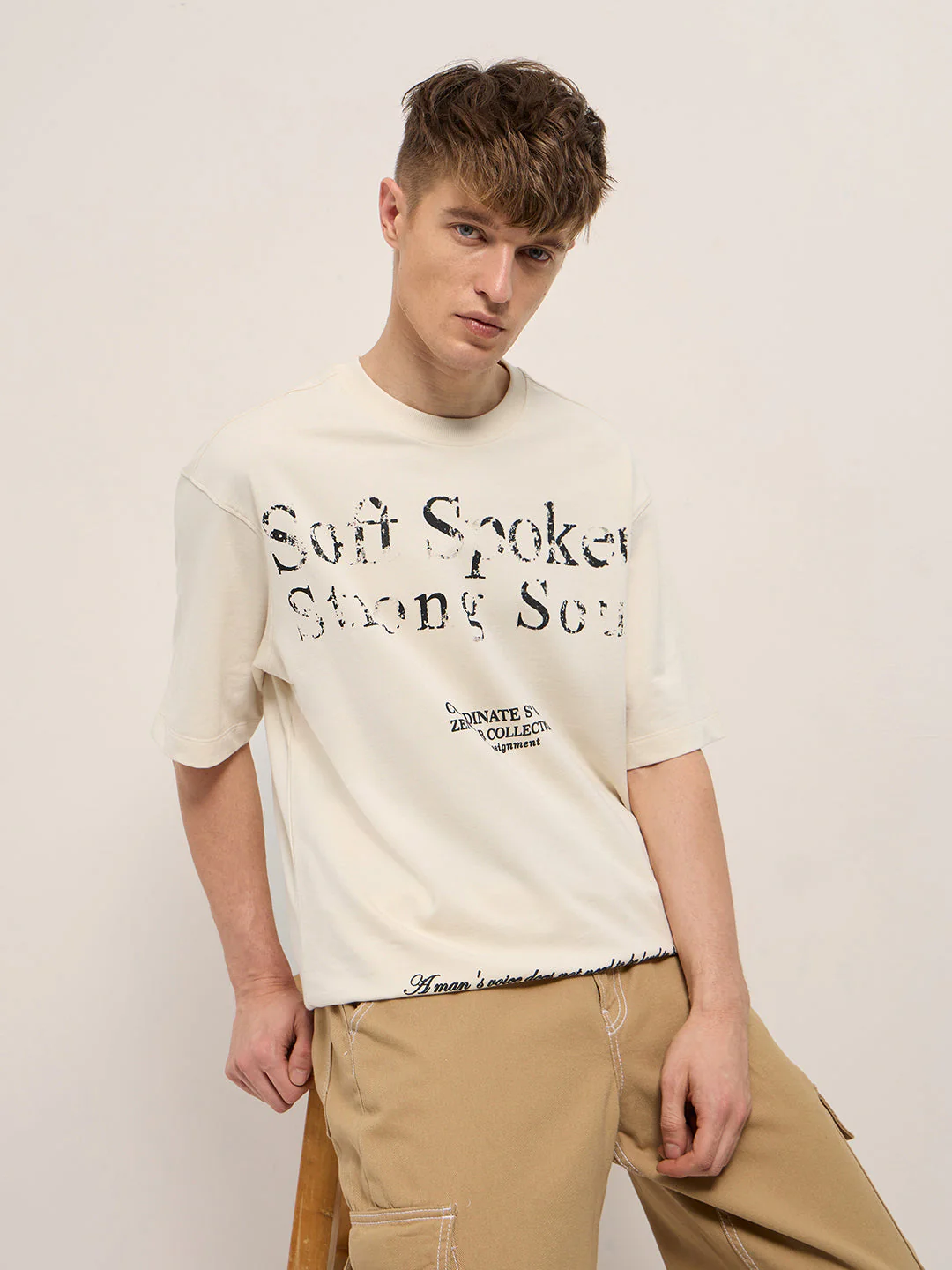 Men Beige Oversized Crew Neck T-Shirt - Image 4