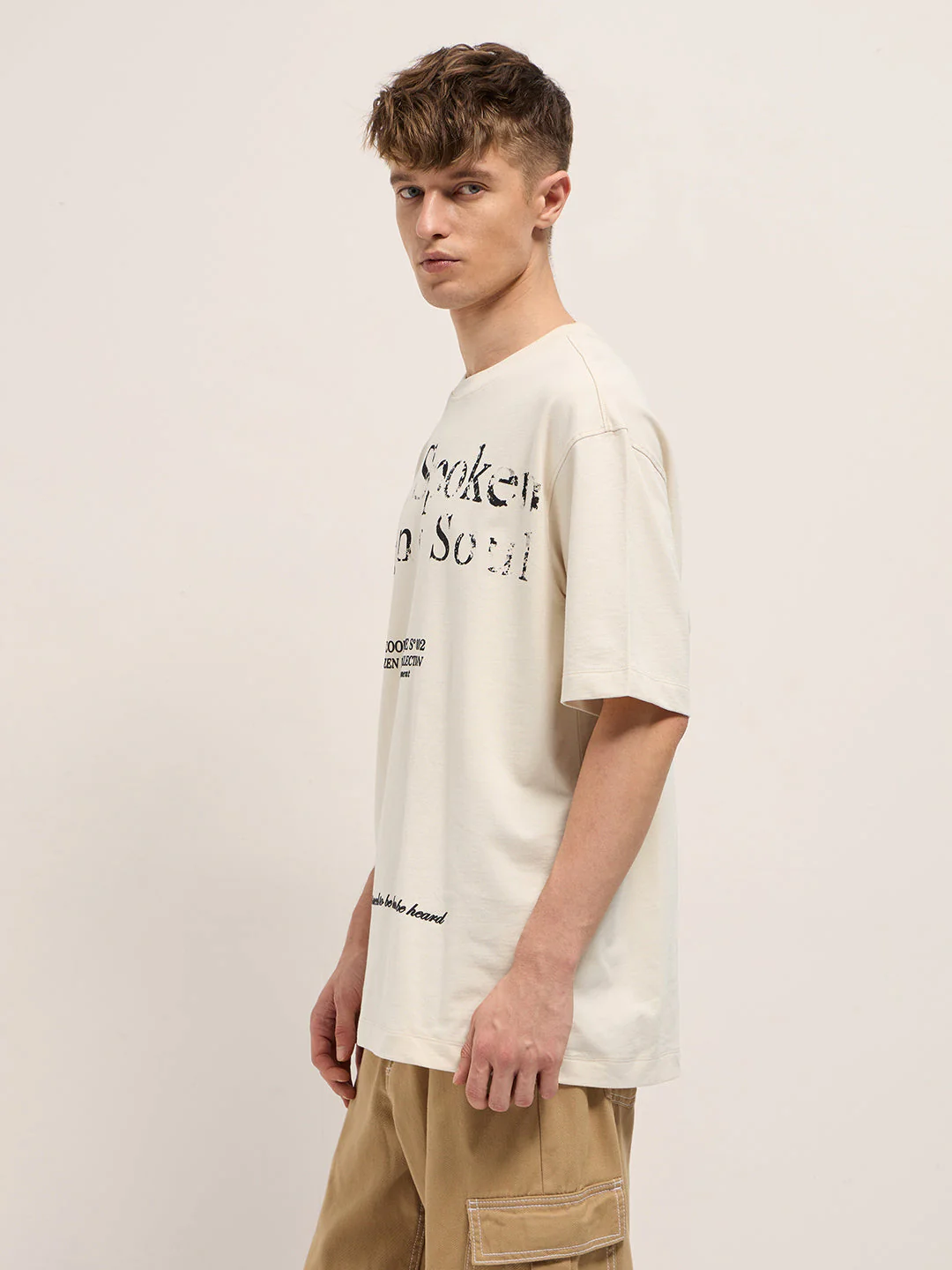 Men Beige Oversized Crew Neck T-Shirt - Image 6
