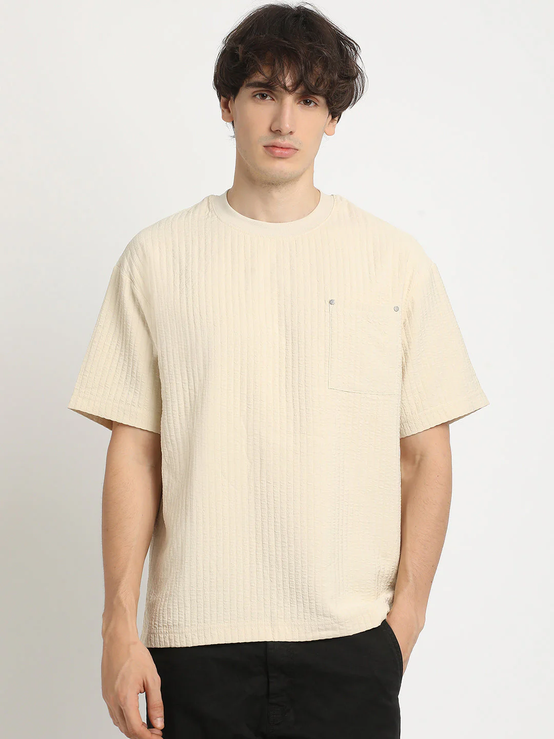 Men Beige Oversized Fit Round Neck T-shirt - Image 2