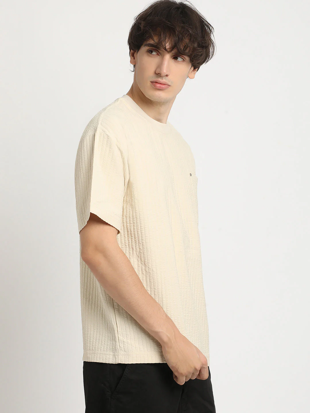Men Beige Oversized Fit Round Neck T-shirt - Image 3