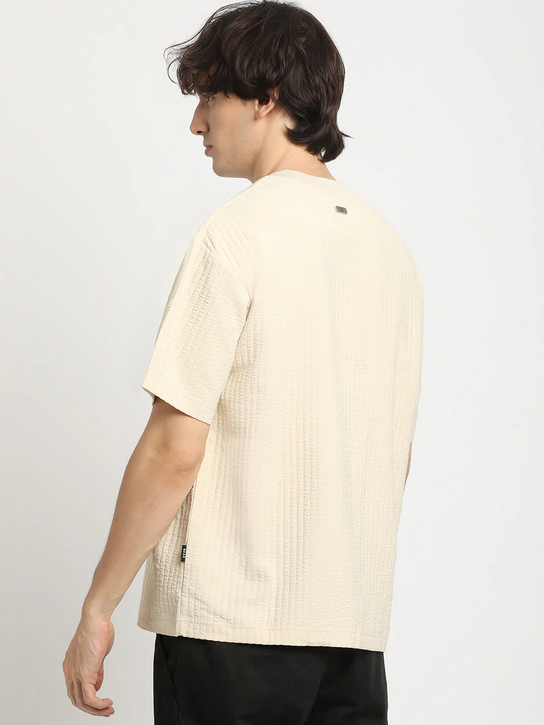 Men Beige Oversized Fit Round Neck T-shirt - Image 4