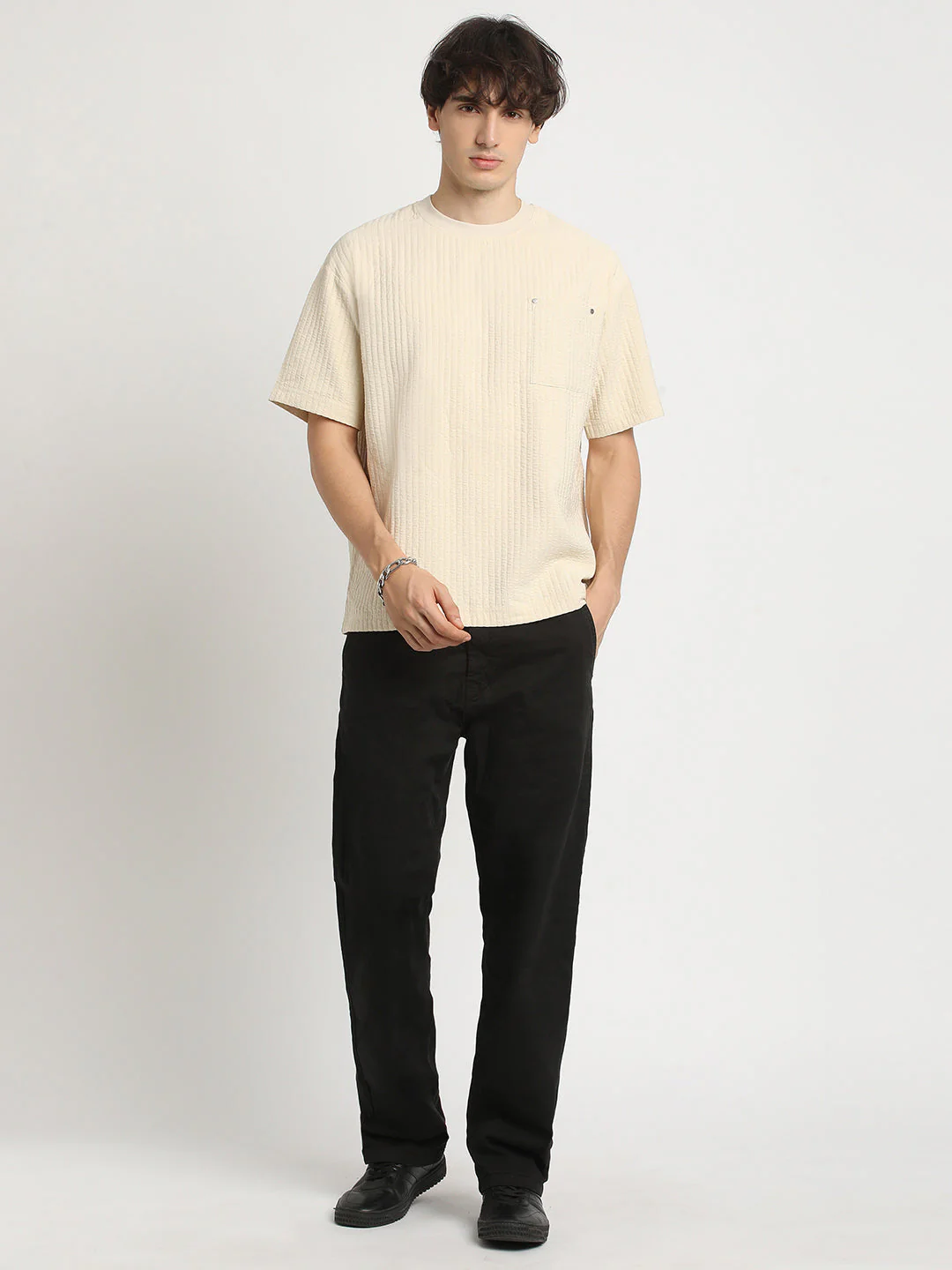 Men Beige Oversized Fit Round Neck T-shirt - Image 5