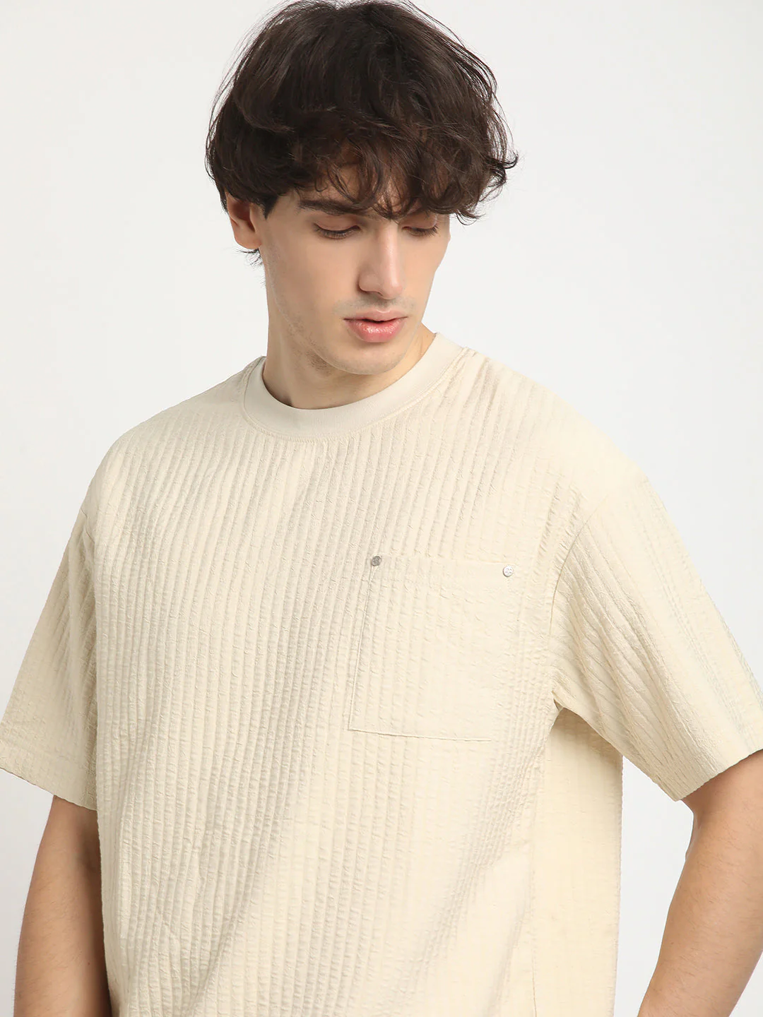 Men Beige Oversized Fit Round Neck T-shirt - Image 6