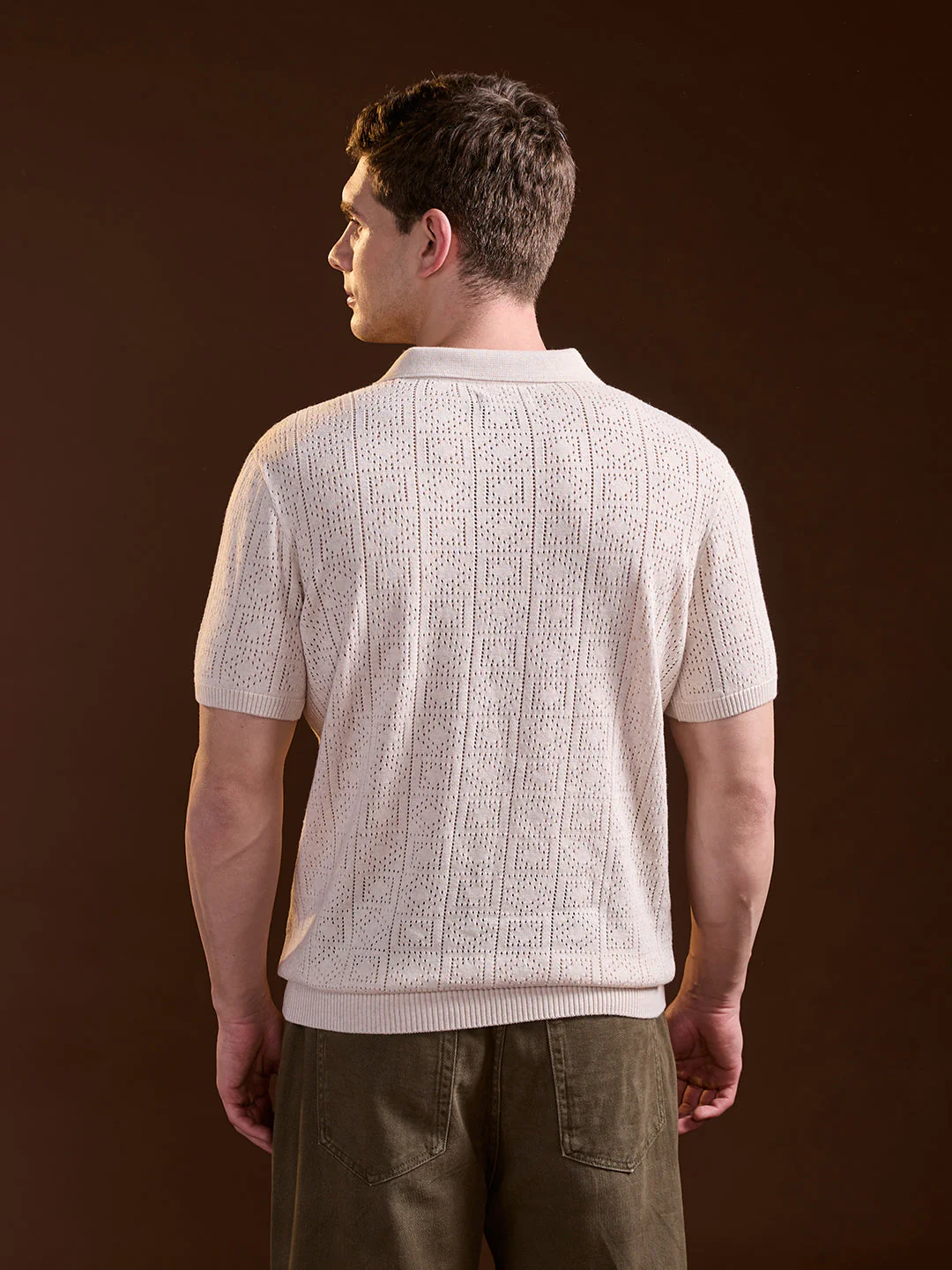Men Beige Perforated Texture Design Slim Fit Polo - Image 2