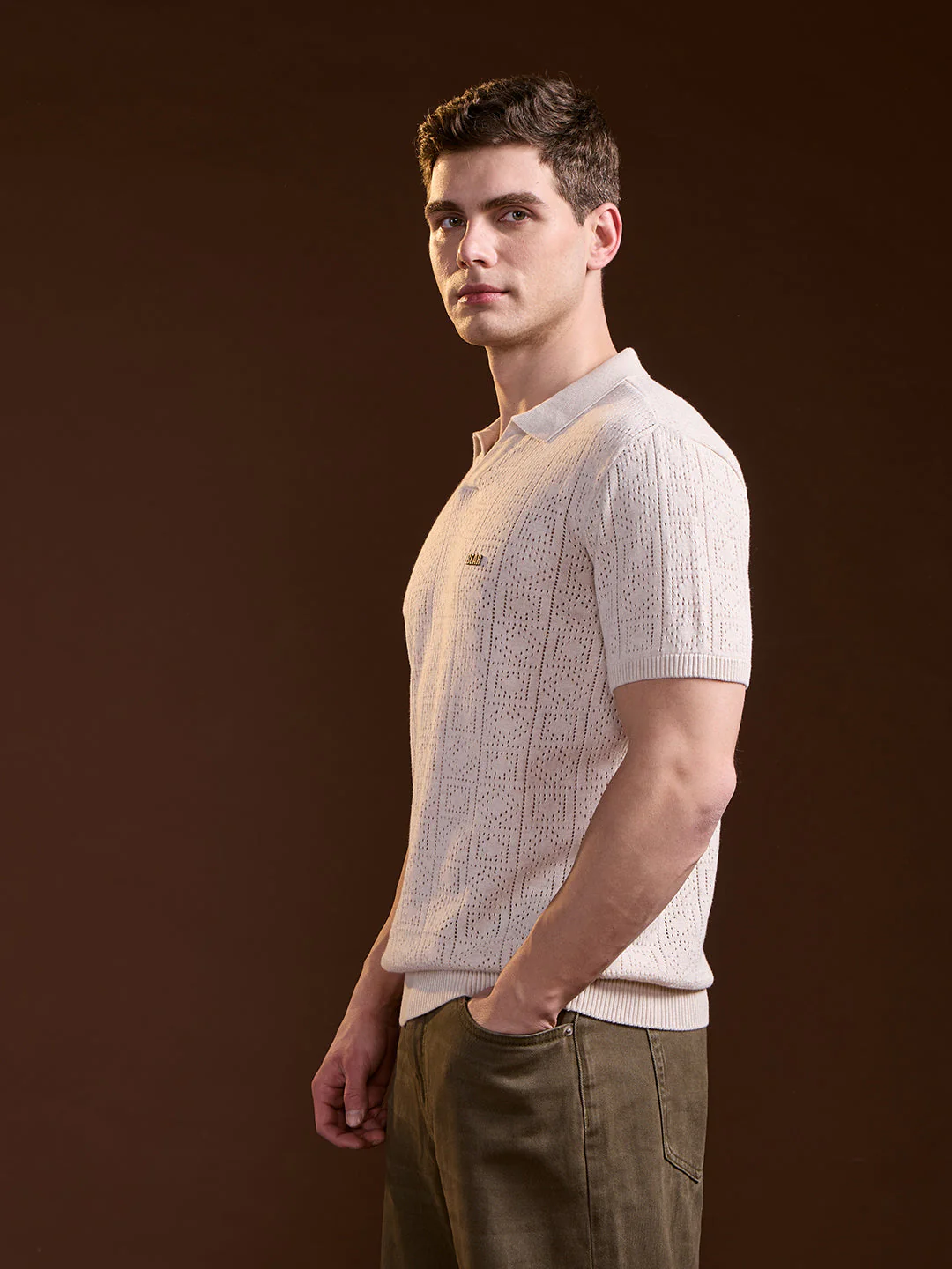 Men Beige Perforated Texture Design Slim Fit Polo - Image 3