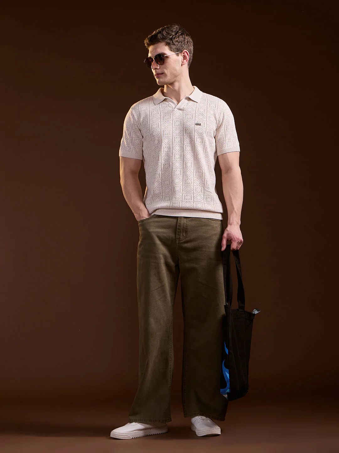 Men Beige Perforated Texture Design Slim Fit Polo - Image 4