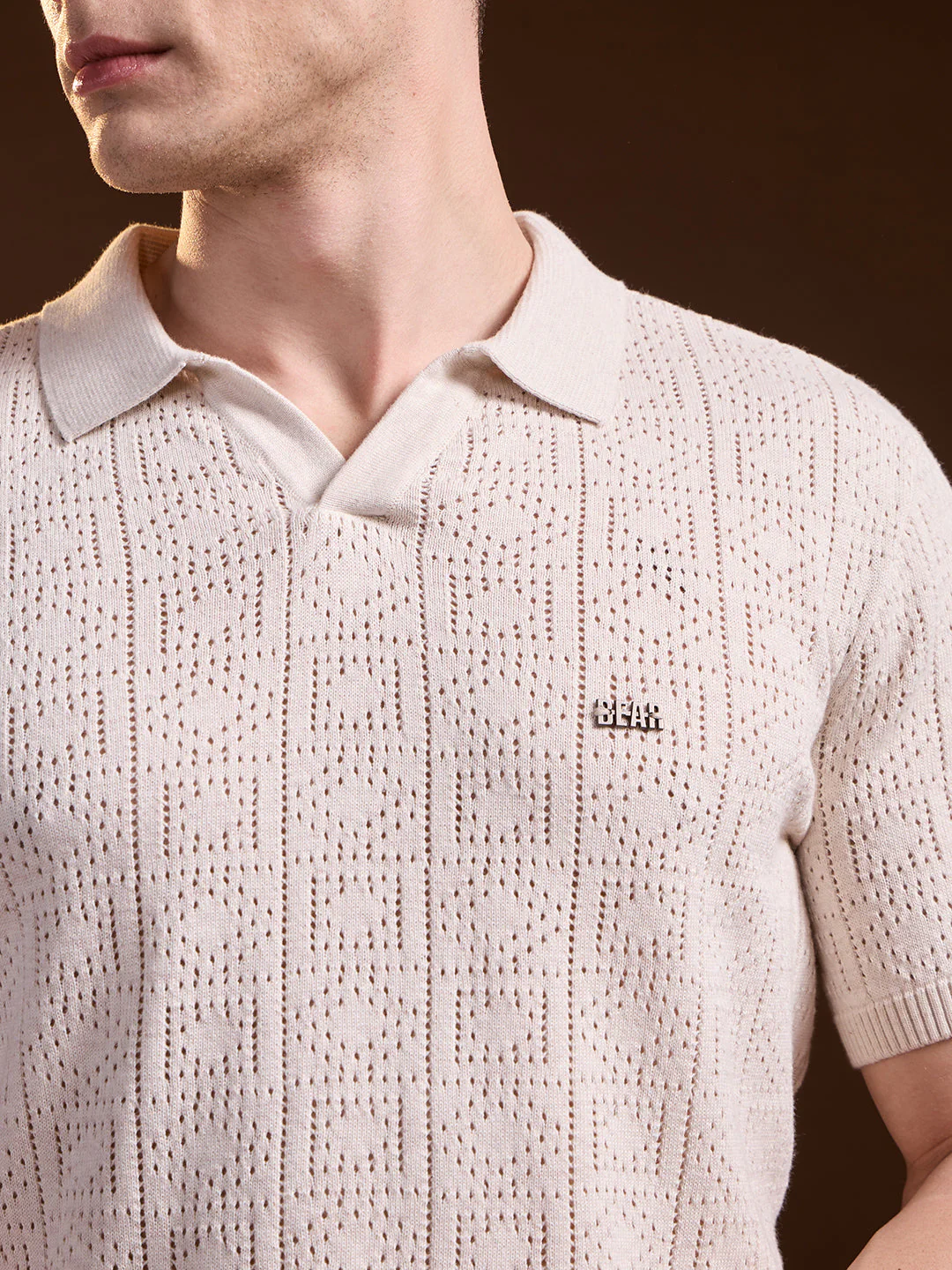 Men Beige Perforated Texture Design Slim Fit Polo - Image 5