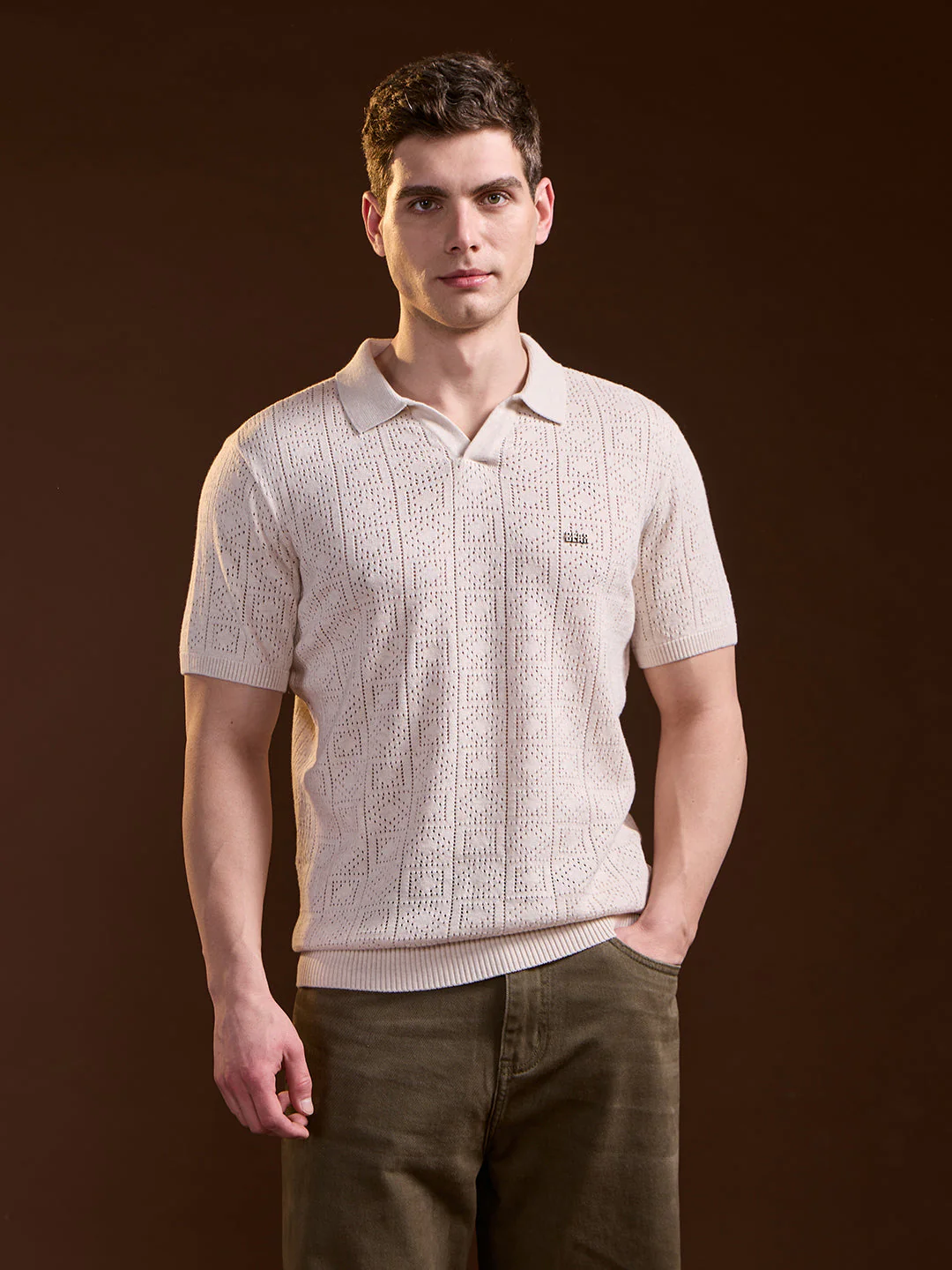 Men Beige Perforated Texture Design Slim Fit Polo - Image 6