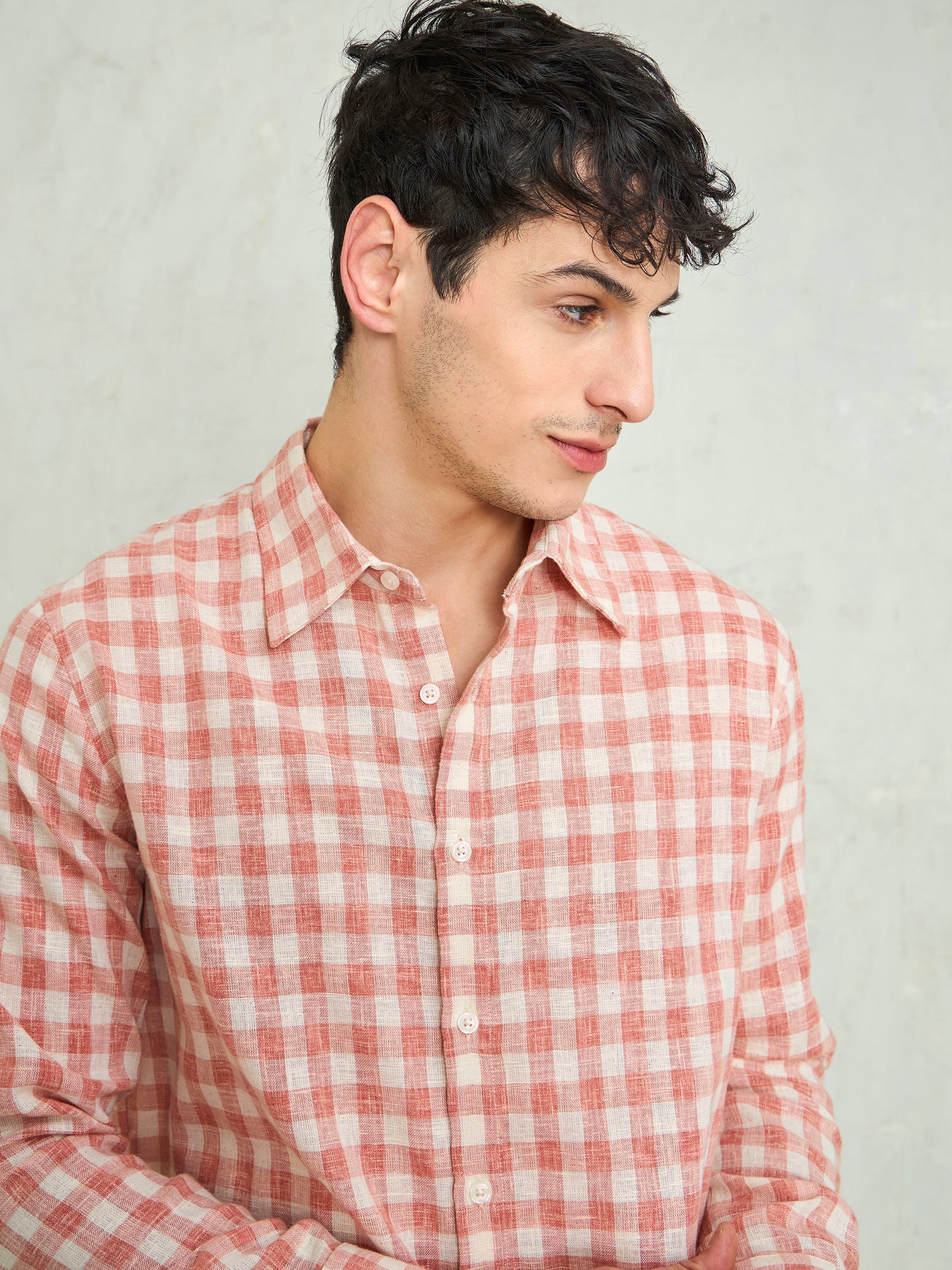 Men Beige & Pink Cotton Check Relax Fit Shirt - Image 4