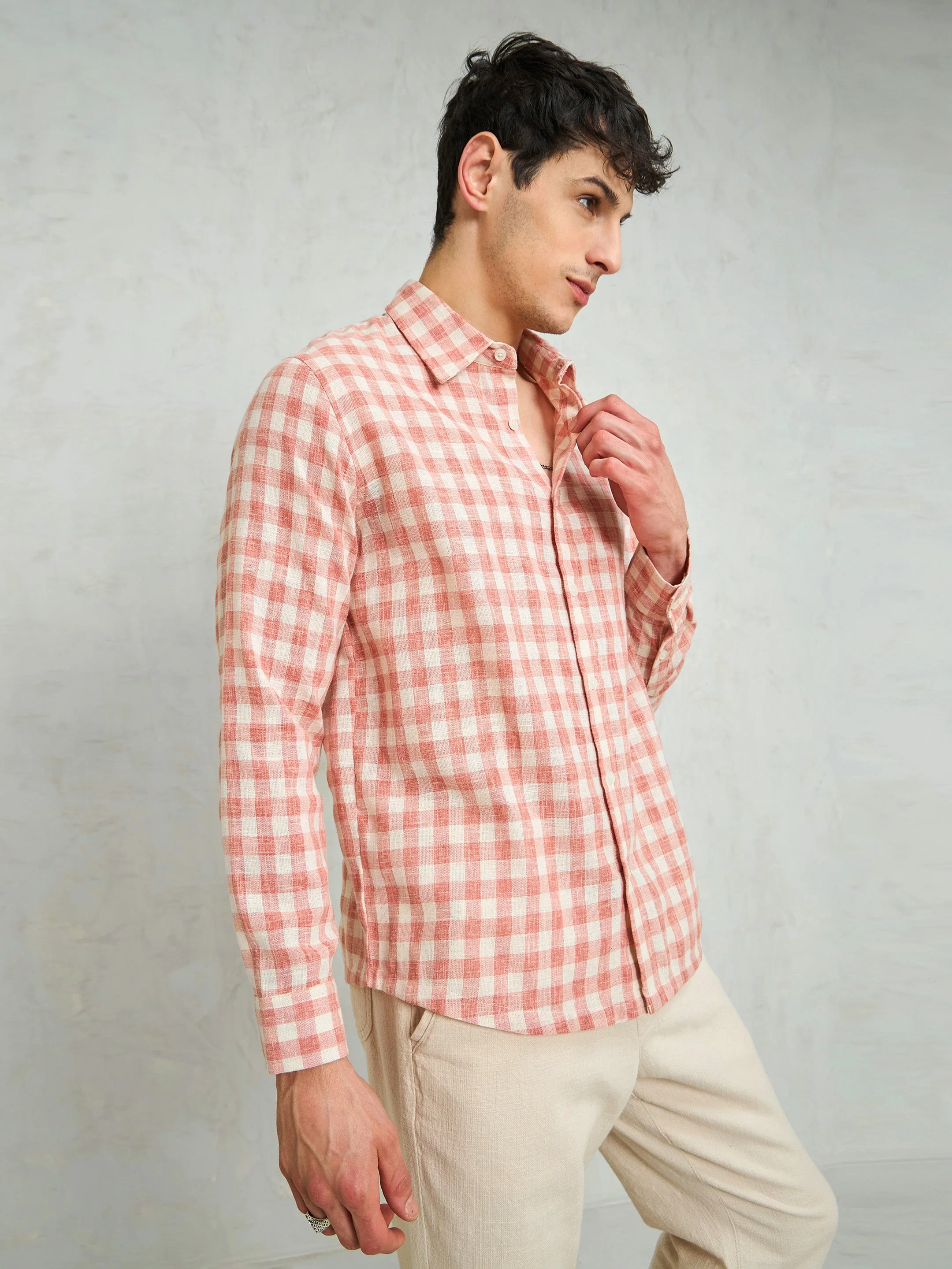 Men Beige & Pink Cotton Check Relax Fit Shirt - Image 5