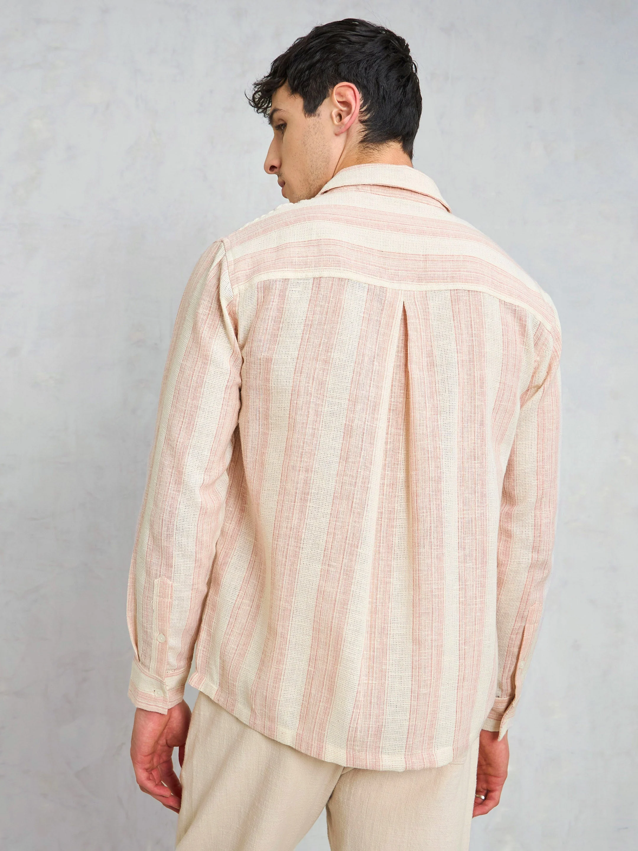 Men Beige & Pink Cotton Striped Relax Fit Shirt - Image 2