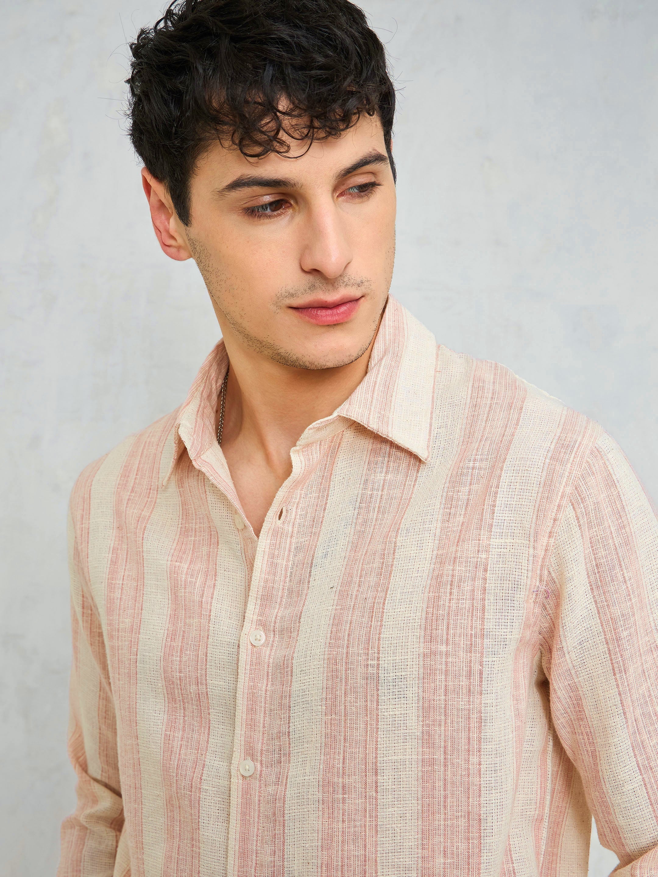 Men Beige & Pink Cotton Striped Relax Fit Shirt - Image 3