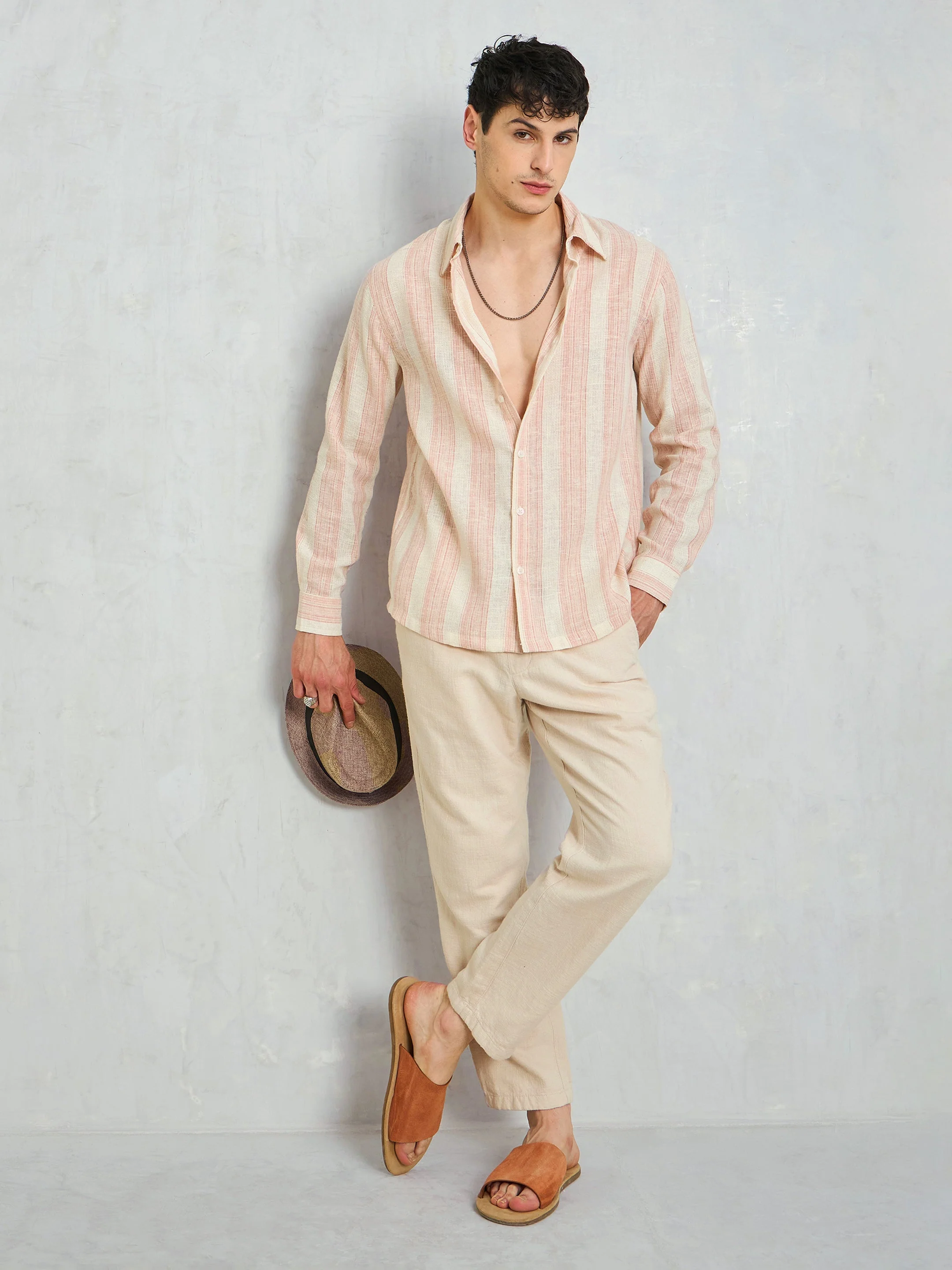 Men Beige & Pink Cotton Striped Relax Fit Shirt - Image 4