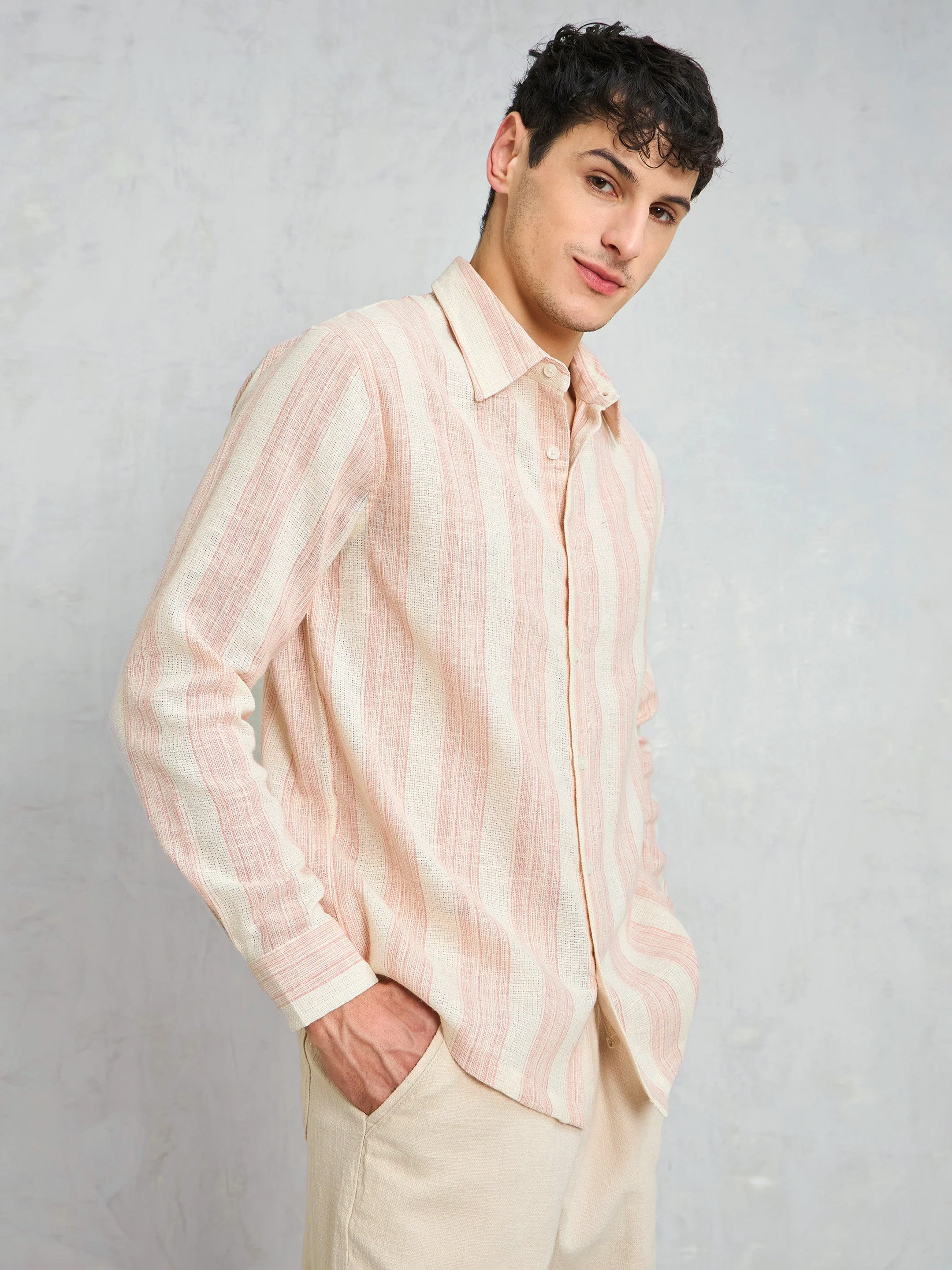 Men Beige & Pink Cotton Striped Relax Fit Shirt - Image 5