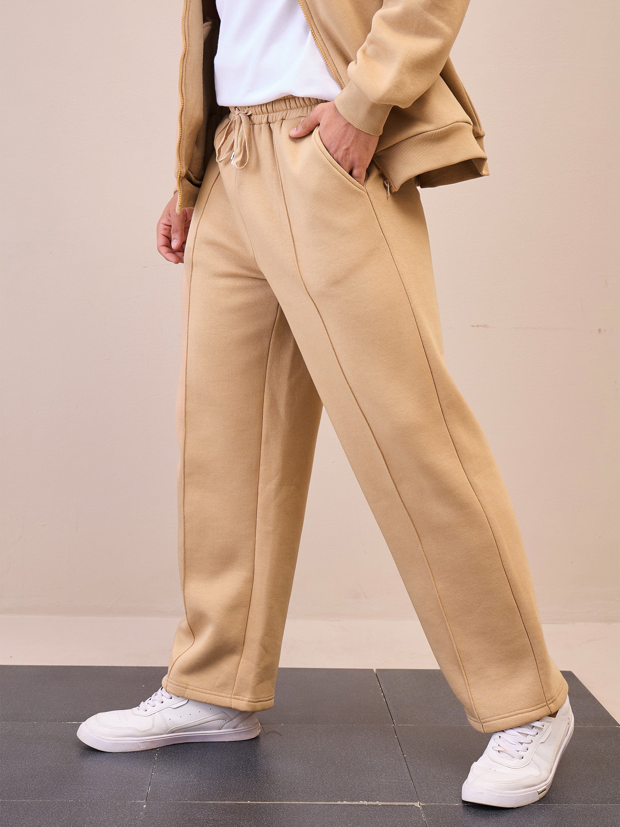 Men Beige Pintuck Oversized Sweatpants - Image 5