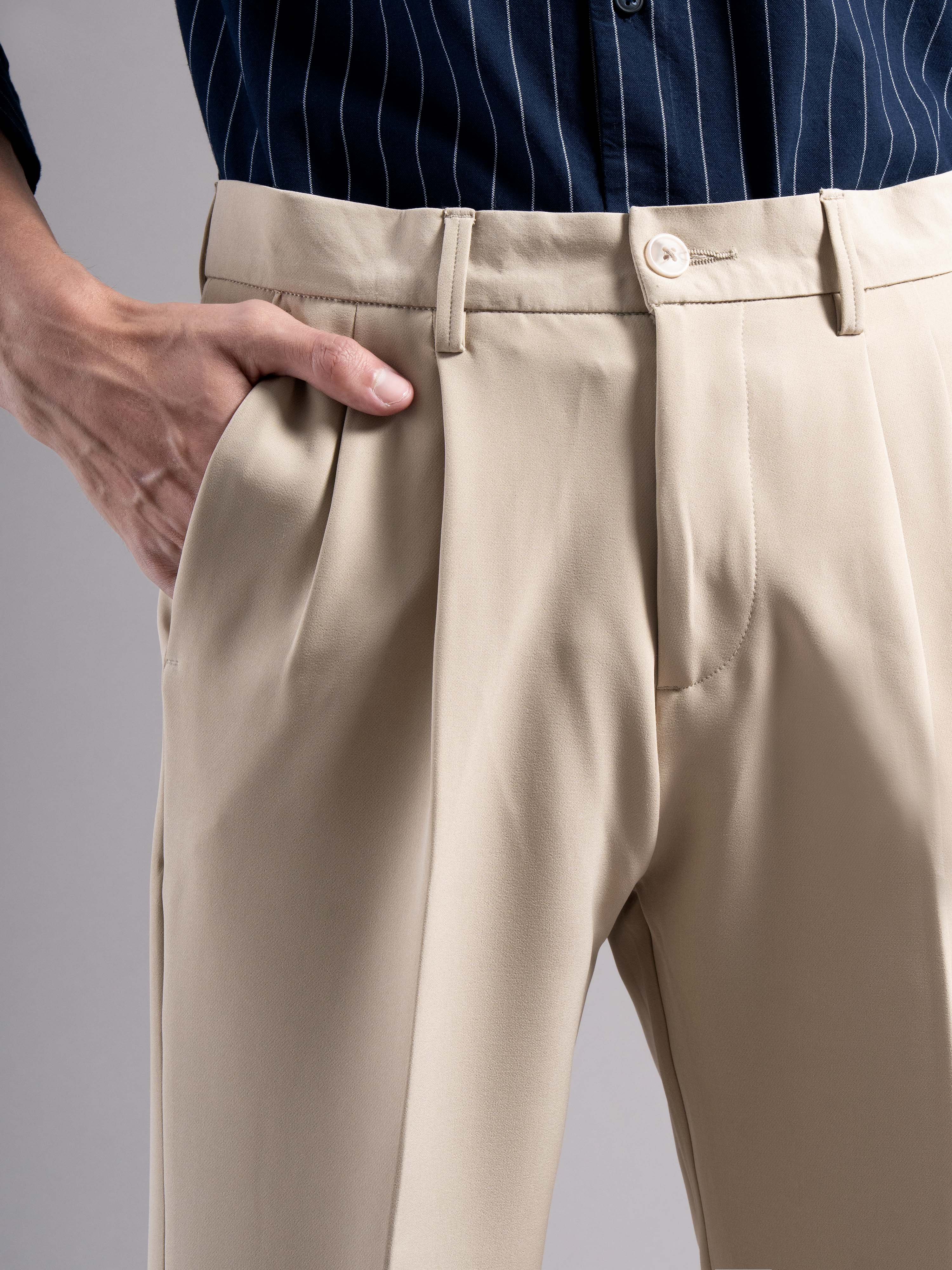 Men Beige Pleated Chinos Trousers - Image 4
