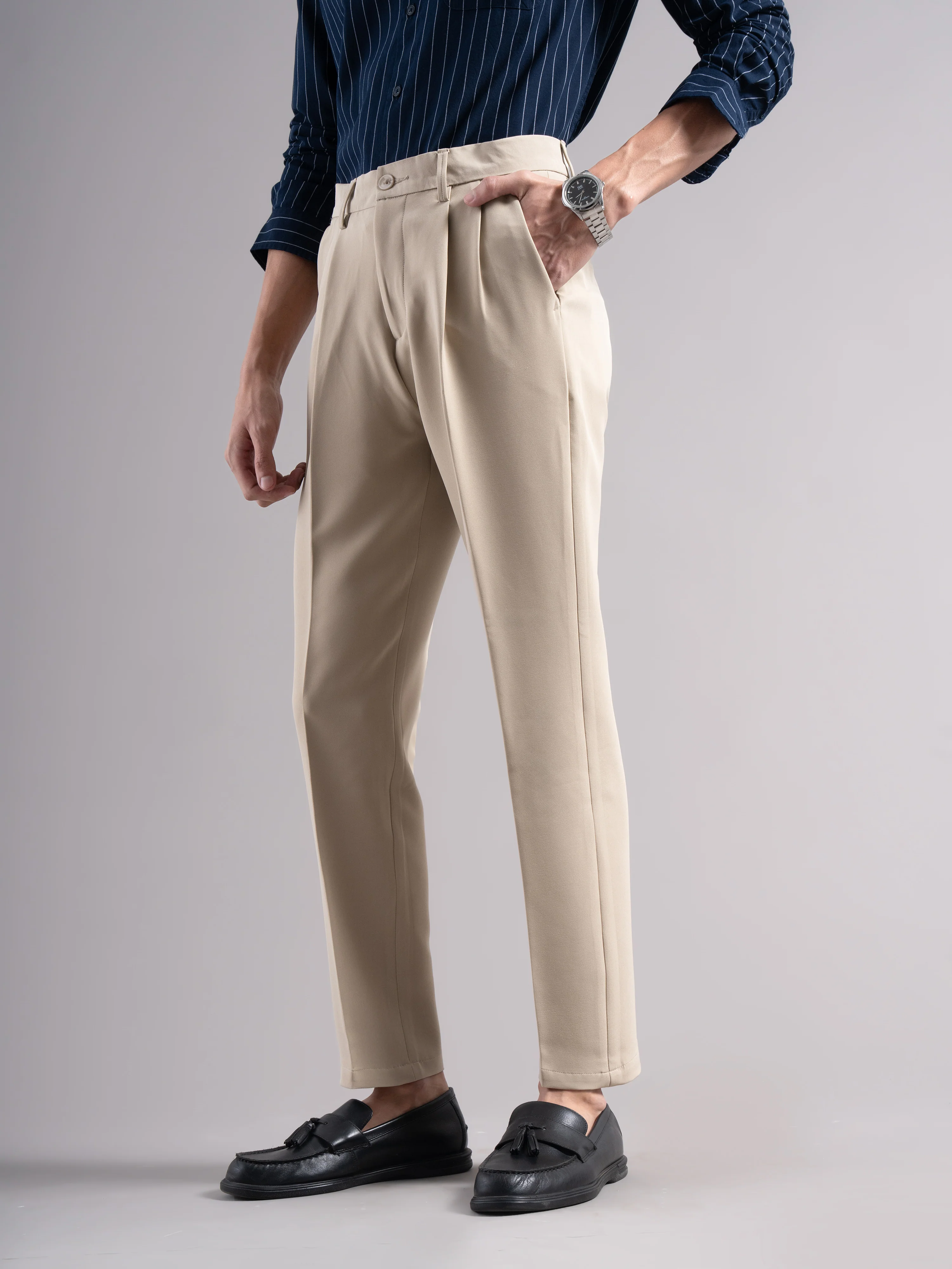 Men Beige Pleated Chinos Trousers - Image 5