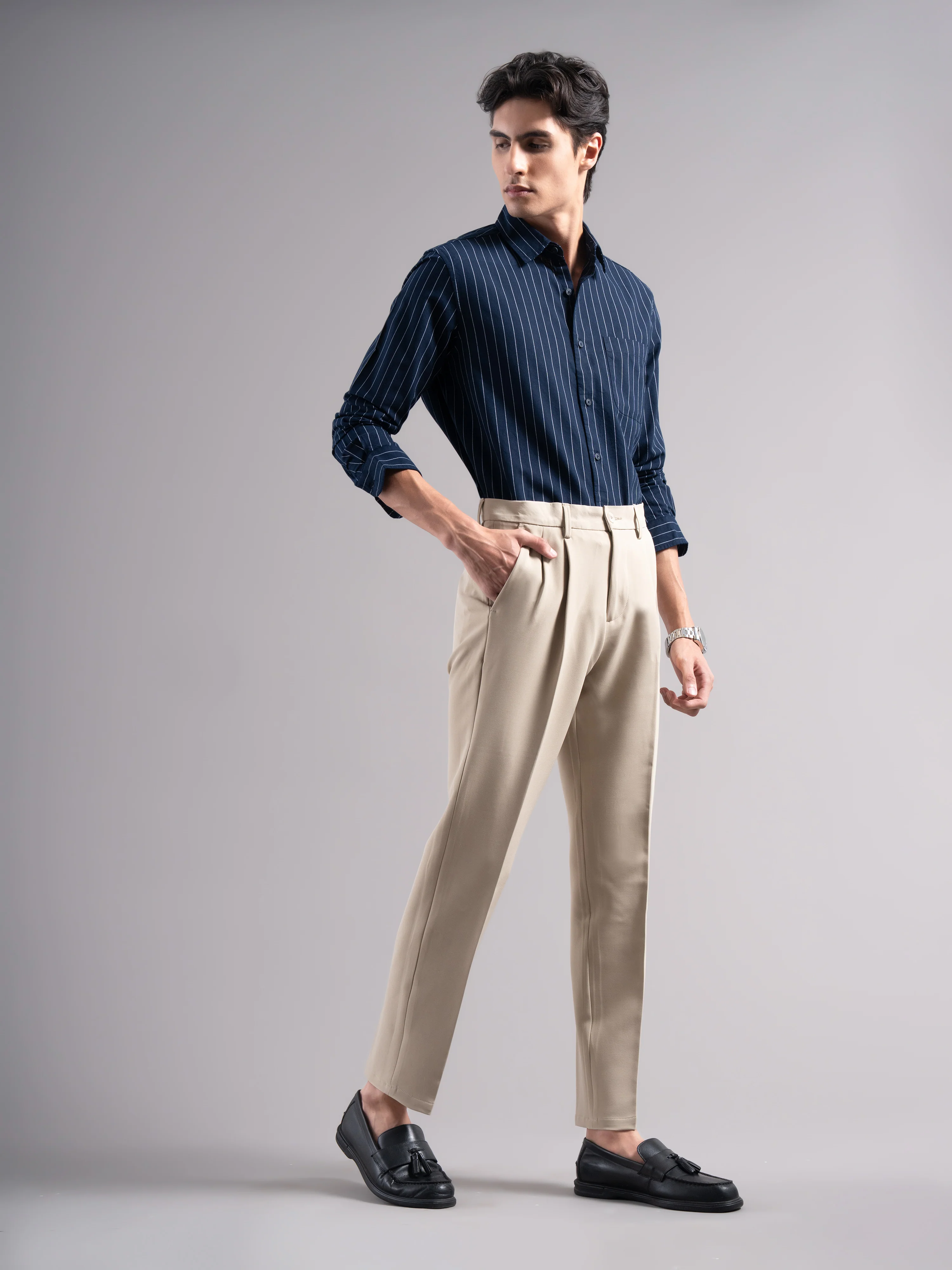 Men Beige Pleated Chinos Trousers - Image 6