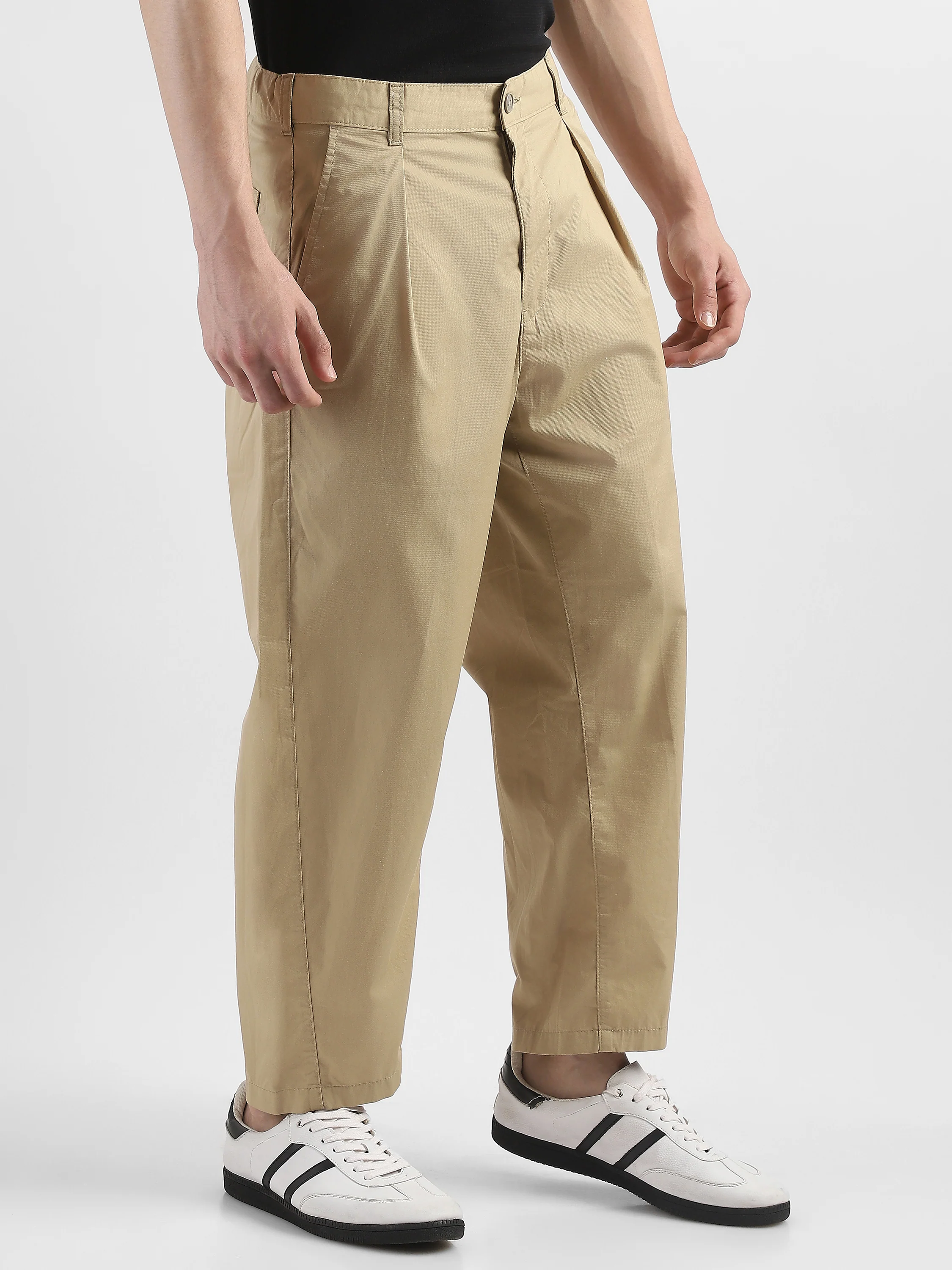 Men Beige Pleated Mid Rise Comfort Fit Trousers - Image 5