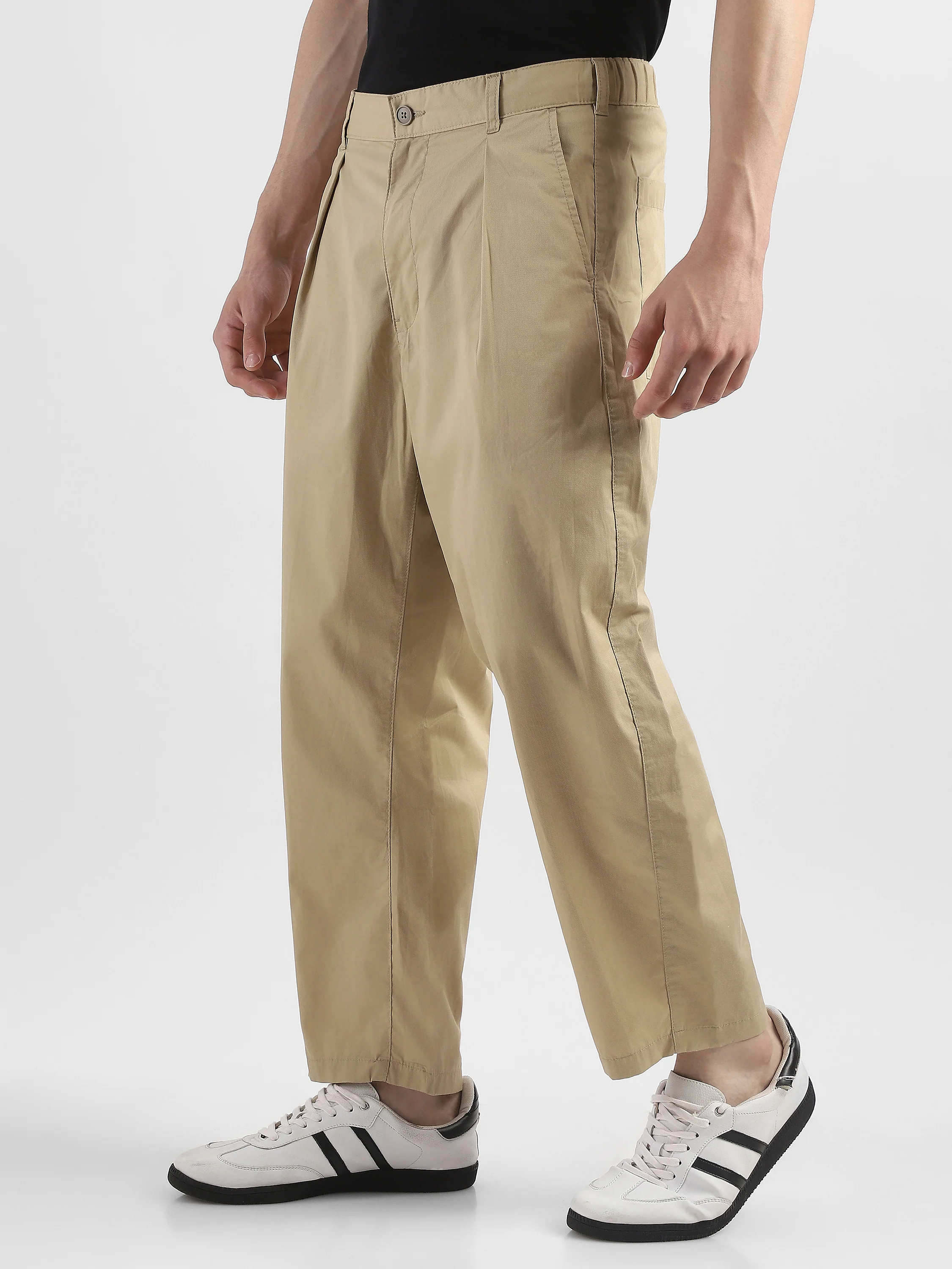 Men Beige Pleated Mid Rise Comfort Fit Trousers - Image 7