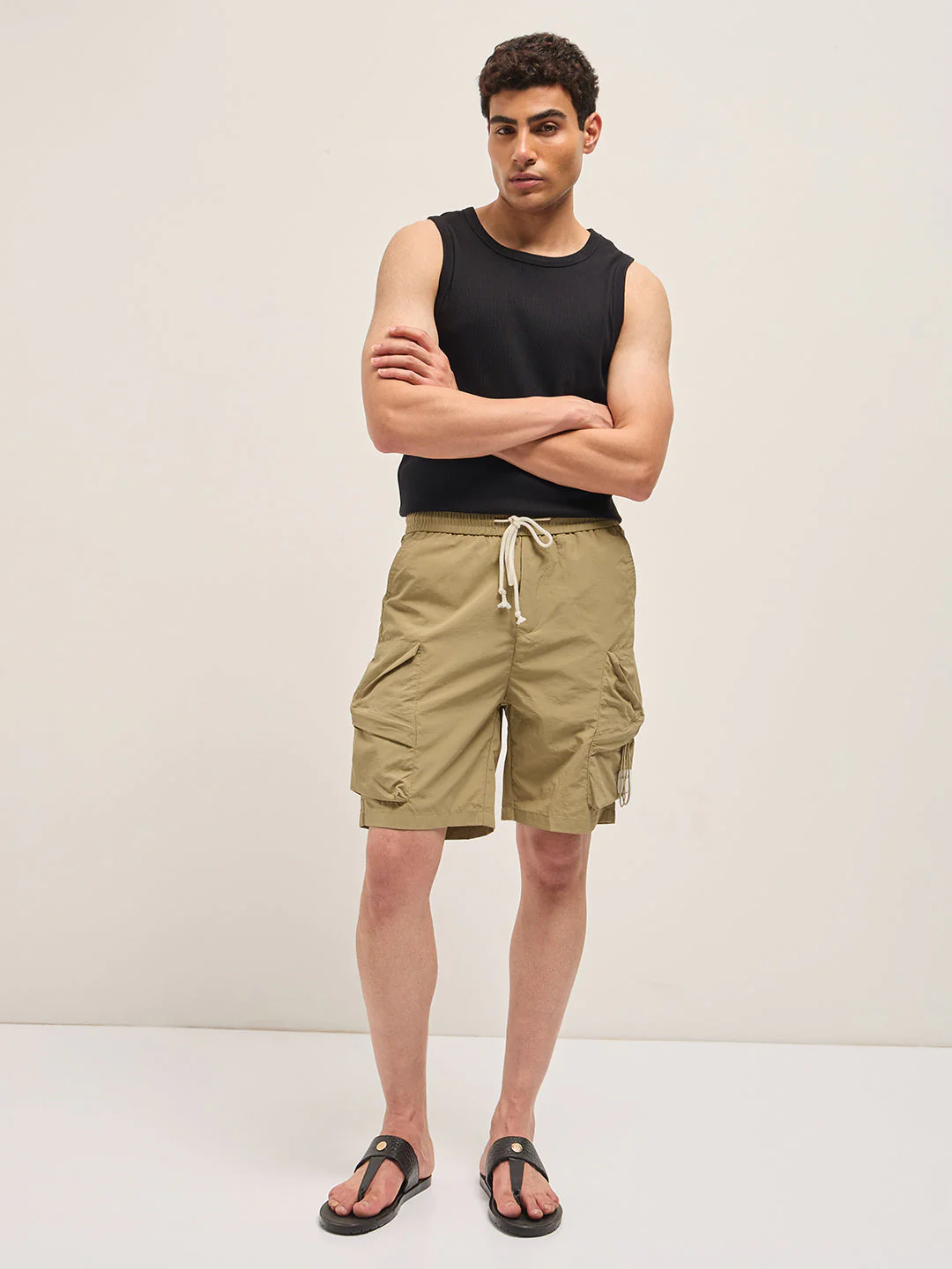 Men Beige Polyester Regular Fit Knee-Length Cargo Shorts - Image 4