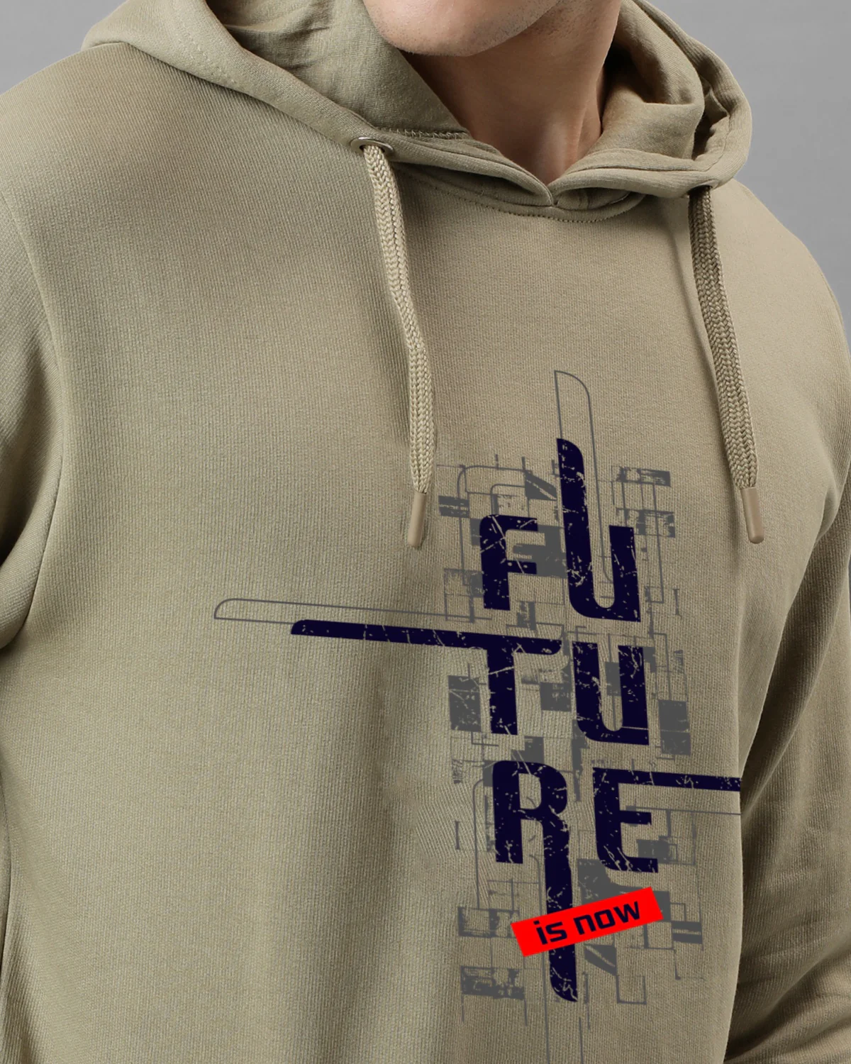 Men Beige Printed Cotton Hoodie - Image 2