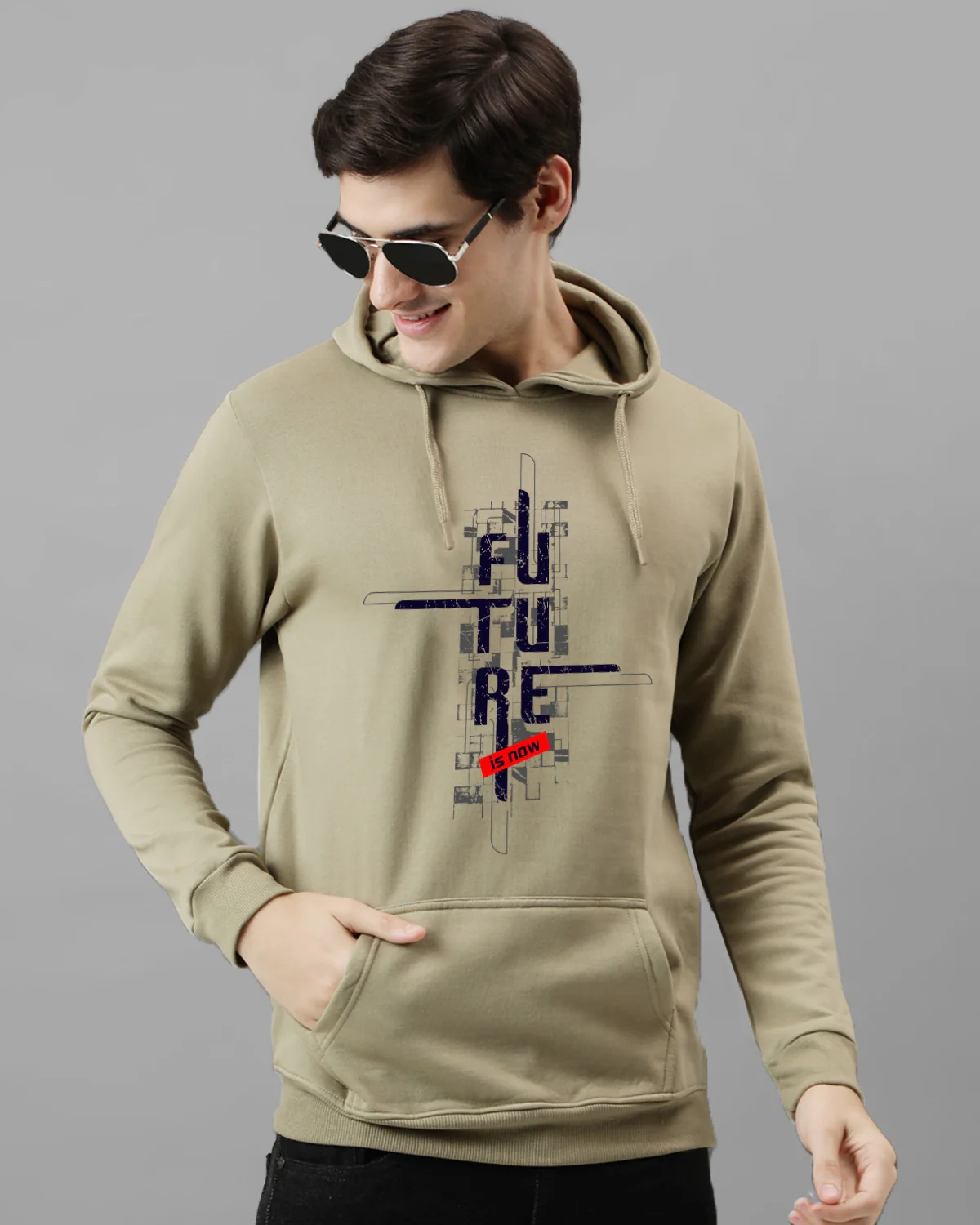 Men Beige Printed Cotton Hoodie - Image 3