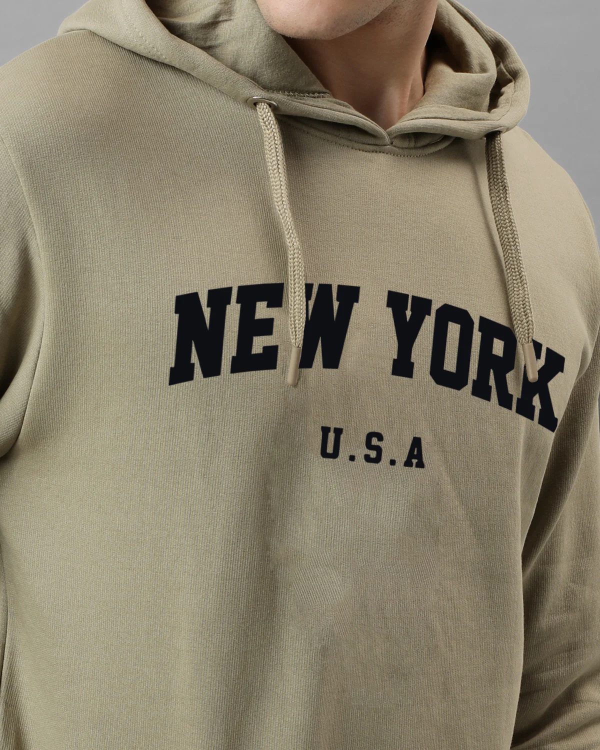 Men Beige Printed Cotton Hoodie - Image 2