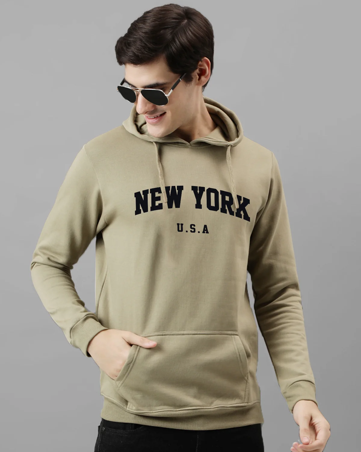 Men Beige Printed Cotton Hoodie - Image 3