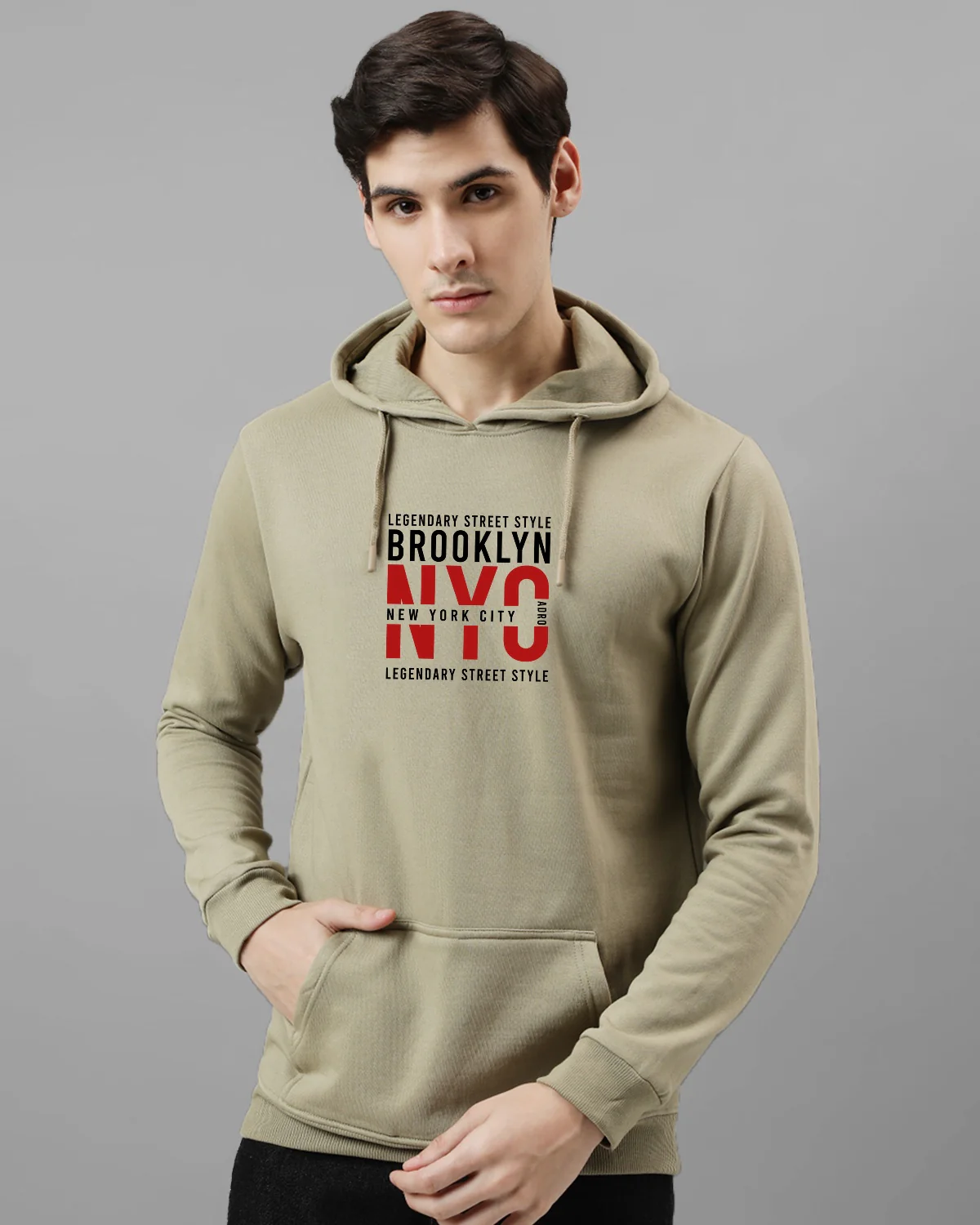 Men Beige Printed Cotton Hoodie - Image 2