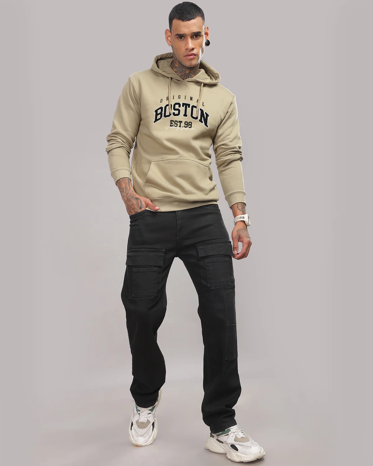Men Beige Printed Hoodie - Image 5